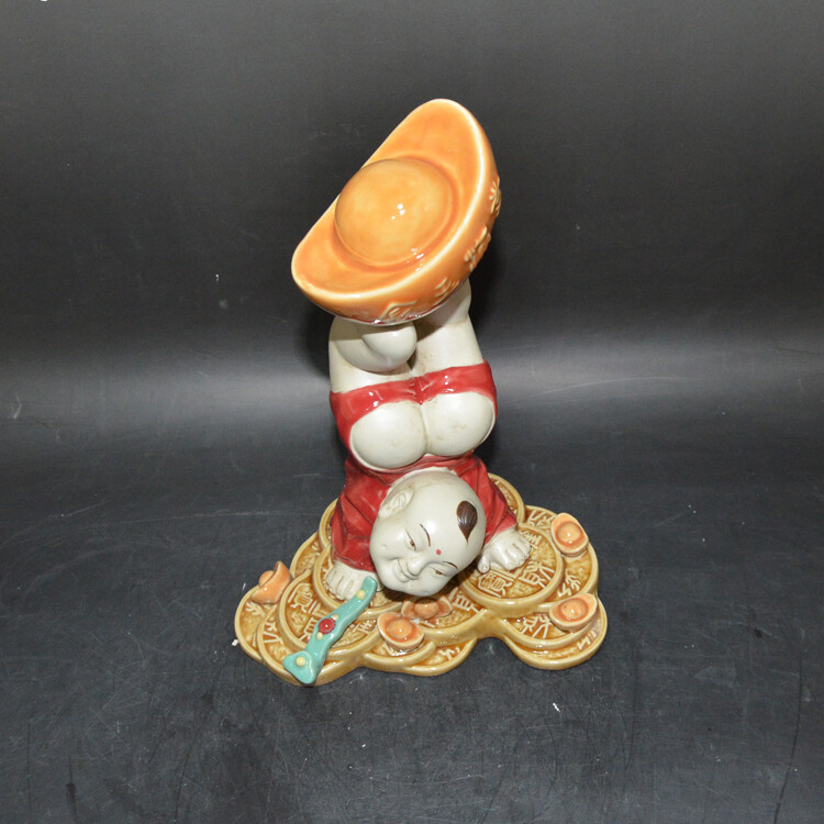 10.6″Collect China Jingdezhen Porcelain Yuen Bo Copper Cash Handstand Boy Statue