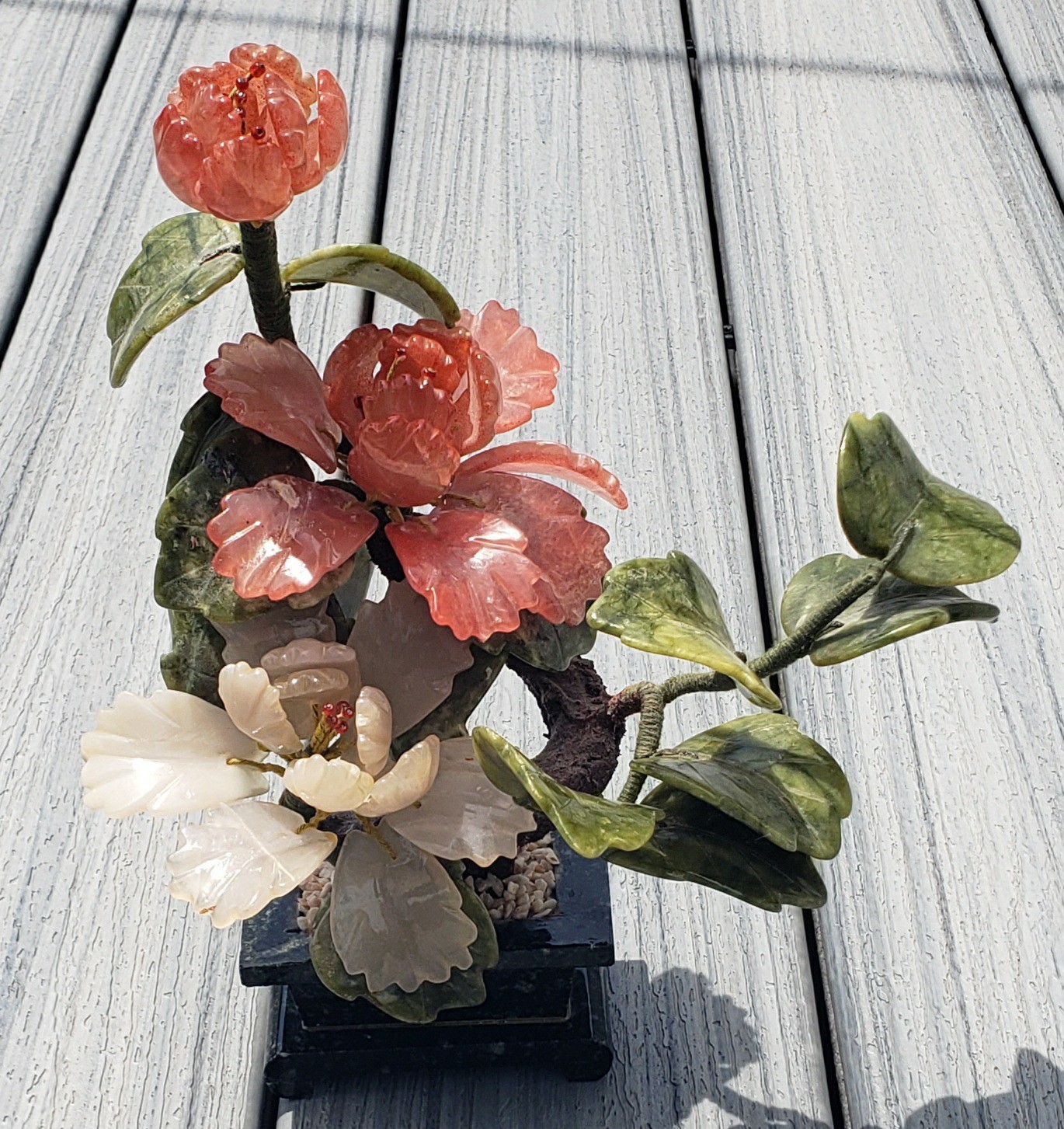 Vintage Stone Chinese Bonsai Tree (Jade Leaves, Pink Quartz Flowers, Jade Base)