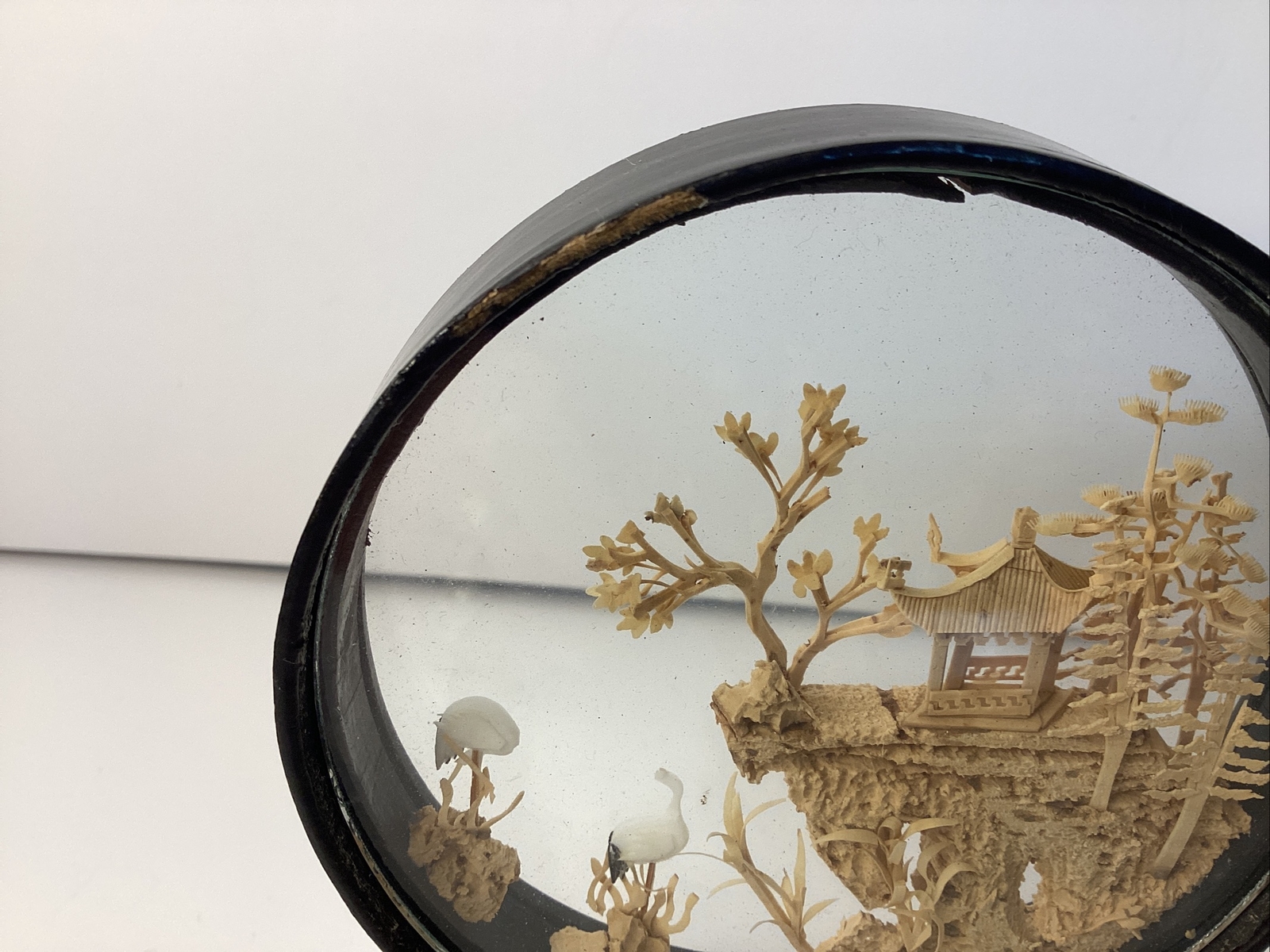 Vintage Hand Carved Cork Wood Diorama Under Glass Pagoda Cranes 4”