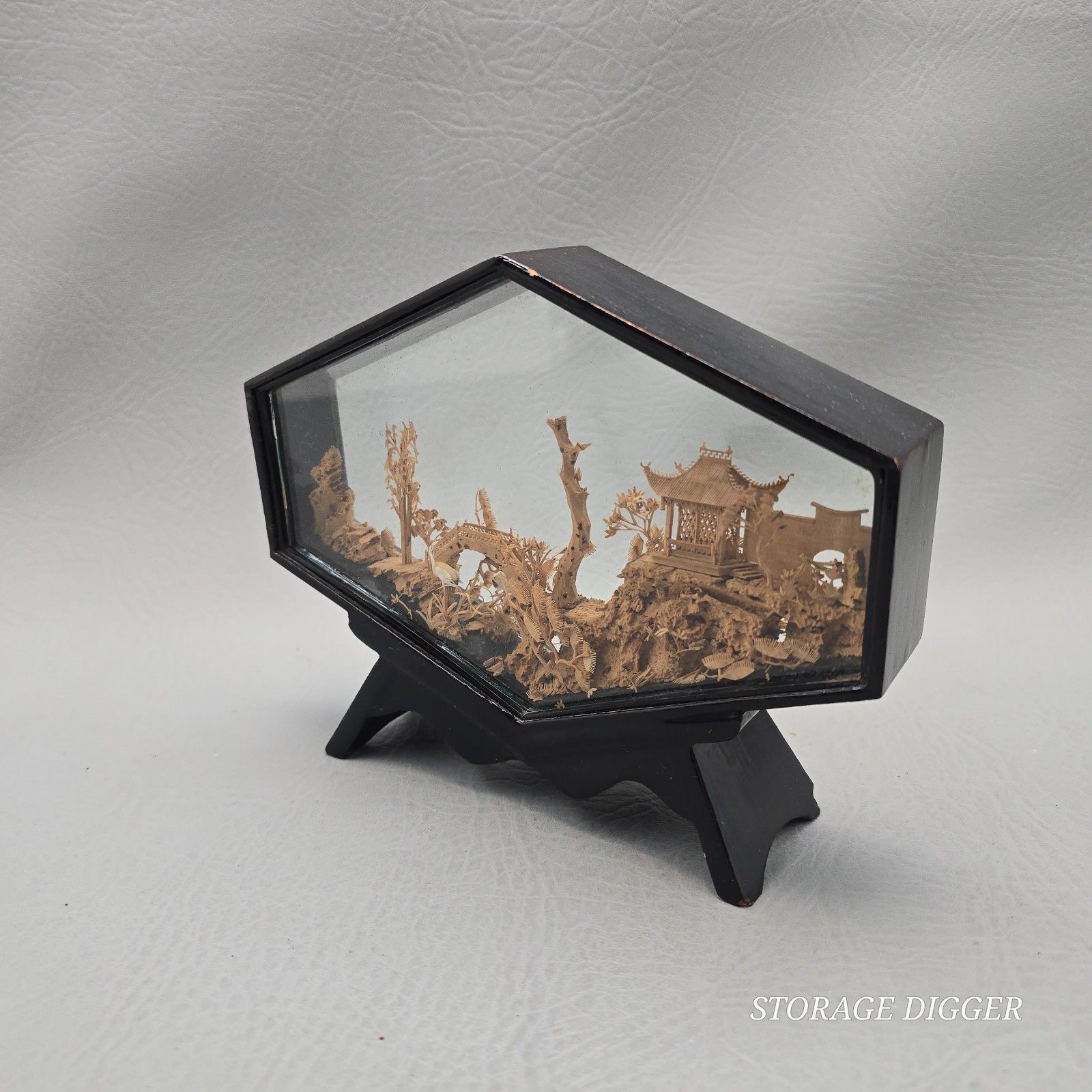 VTG Chinese Hand Carved Cork & Wood Diorama In Hexagon Glass & Wood Display