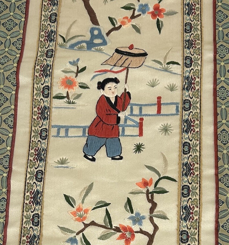 Vintage Asian Silk Panels Embroidery Needlepoint Wall Hanging Set Lot Pair 2