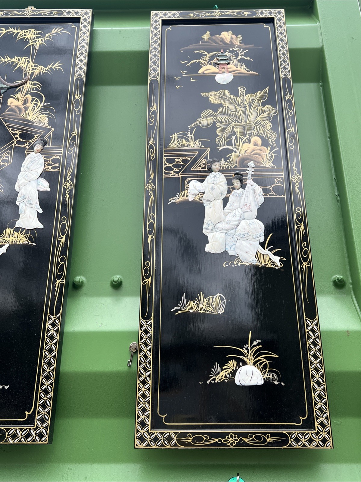 Chinese hanging screen inlaid with mother-of-pearl figures and stories 36”HX12”W
