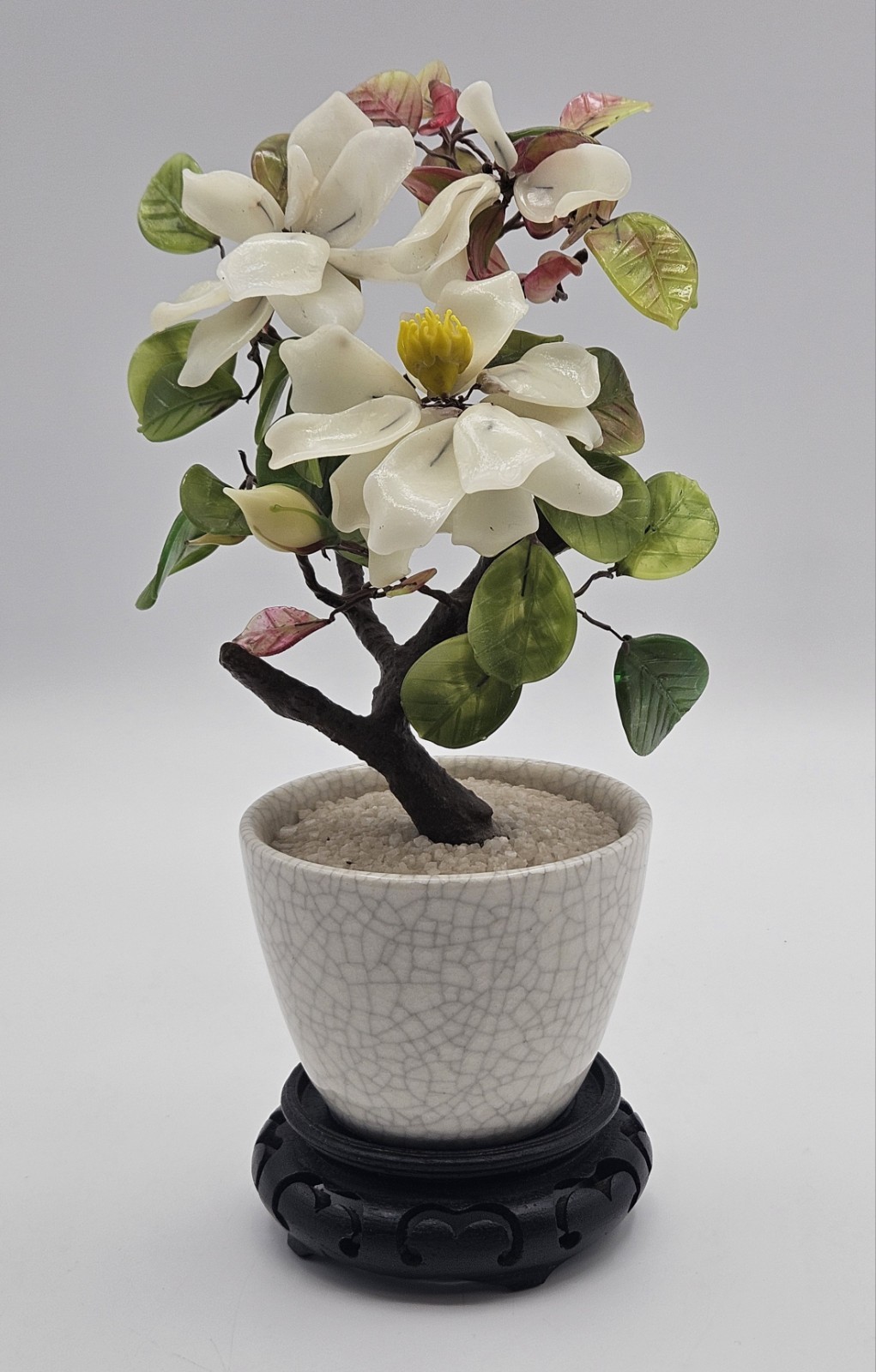 Vintage Chinese Jade Bonsai Tree w/ White Dahlia Flowers in White Pot – 9.5″H