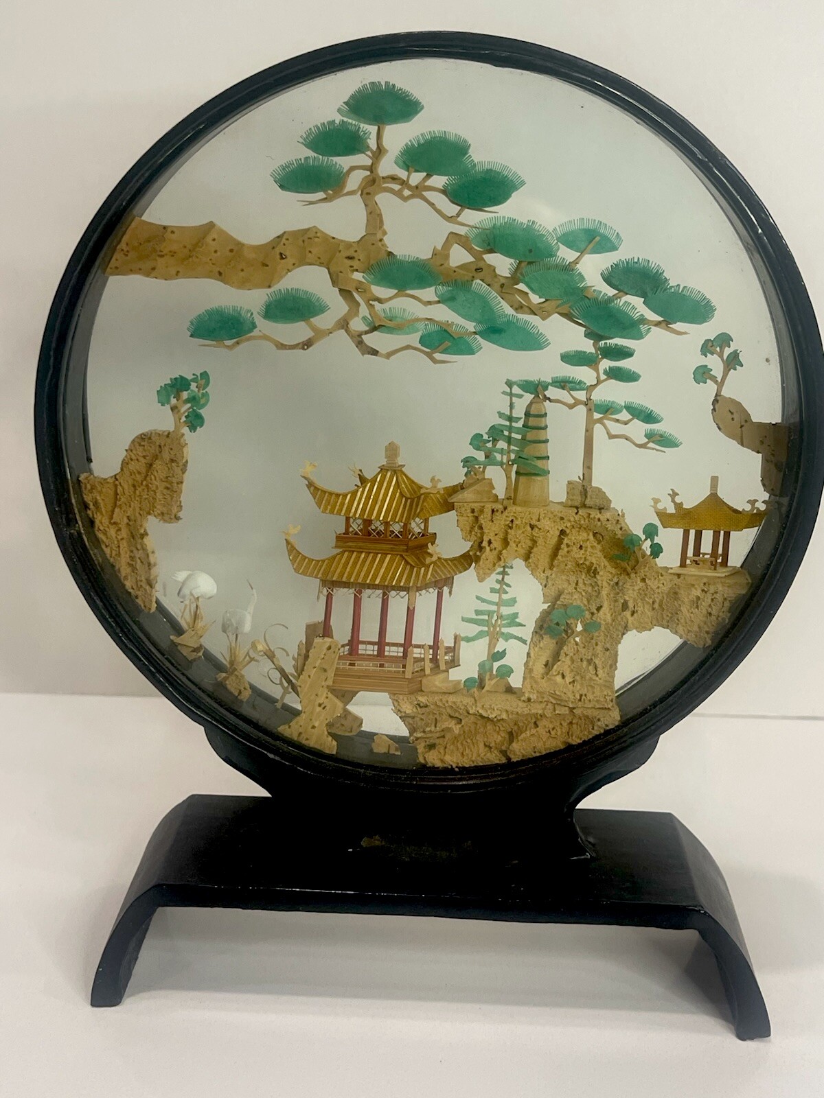 VTG PERFECT Chinese Cork Carving Lattice Pavilion Diorama Black Lacquer Frame