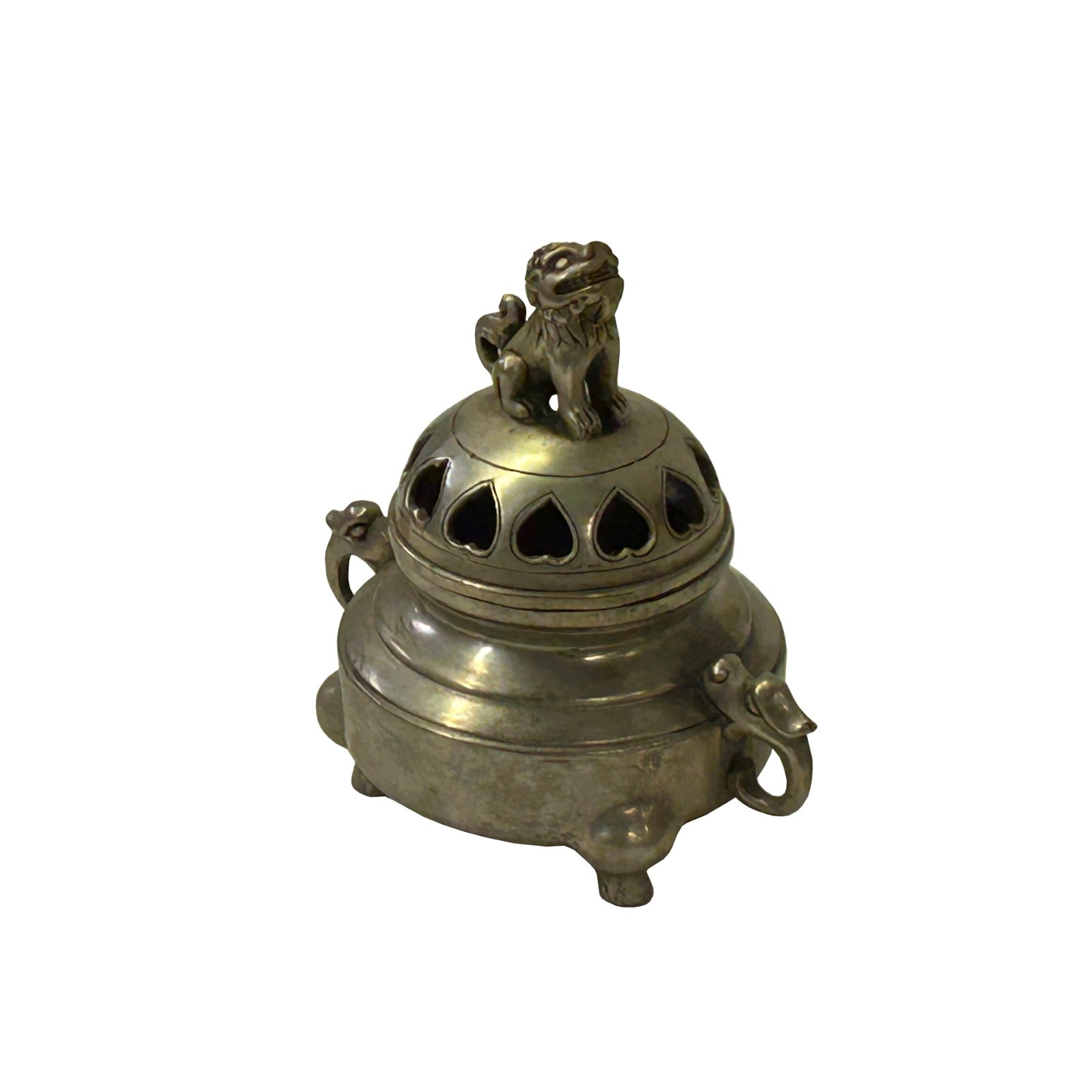 Vintage Silver Pewter Color Metal Foo Dog Ding Shape Incense Holder ws4897