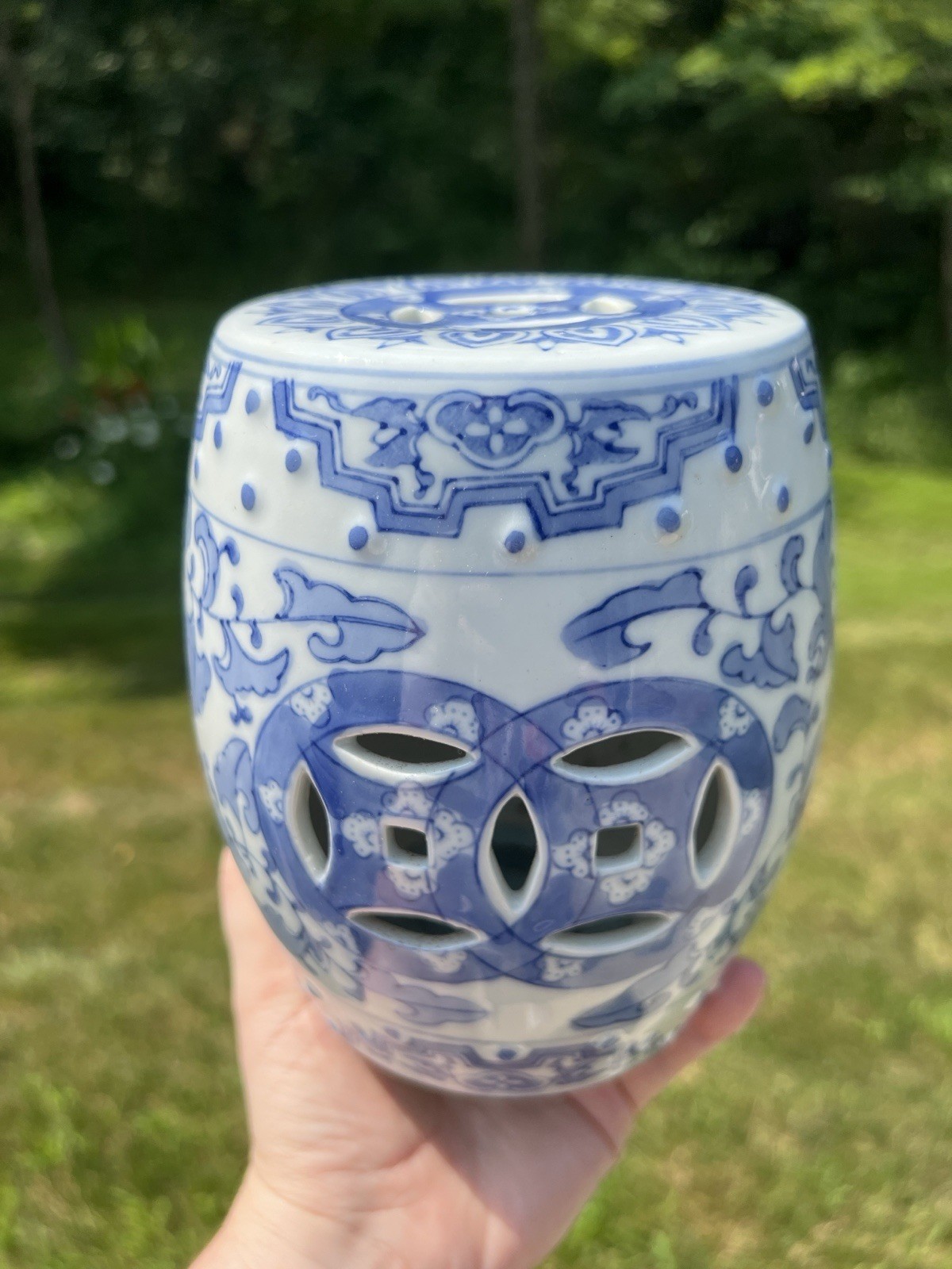 VTG Handpainted Blue and White Chinoiserie Porcelain Plant Stand Riser Pedestal