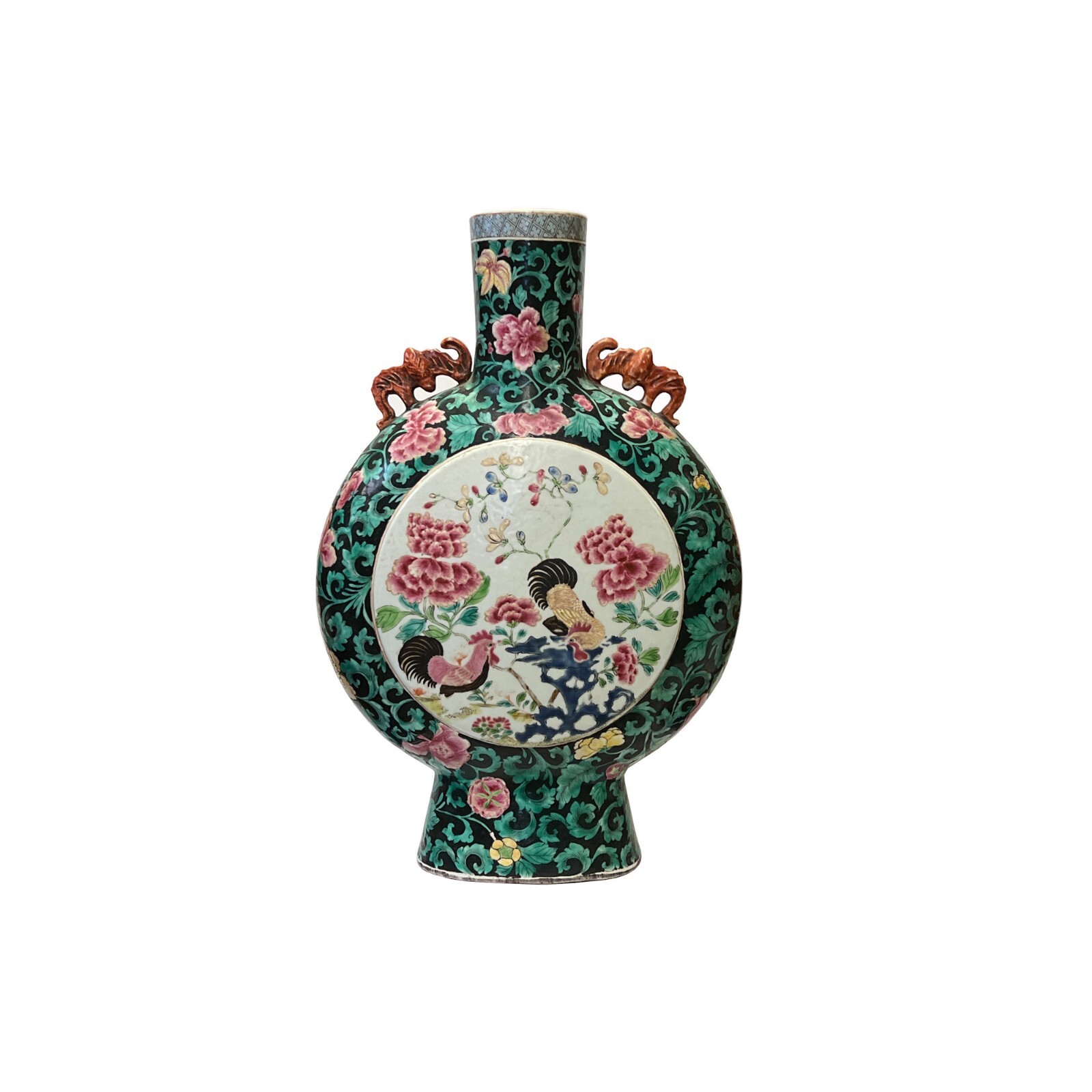 Vintage Chinese Dark Green Graphic Flat Round Flask Porcelain Vase ws3259