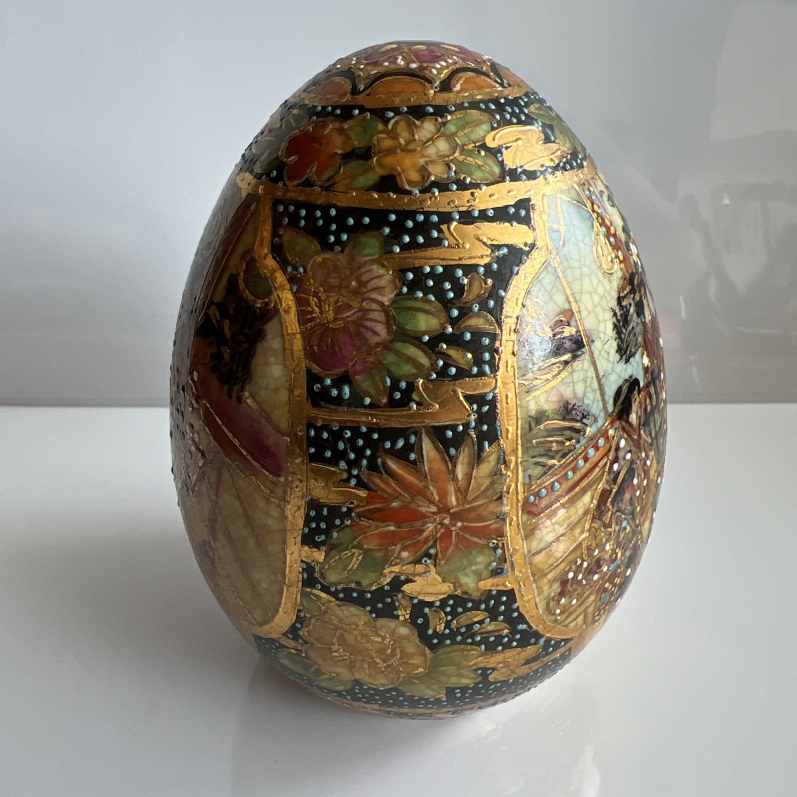 Vintage Chinese Satsuma Porcelain HandPainted Decorative Egg W/Geishas 4.5” Tall