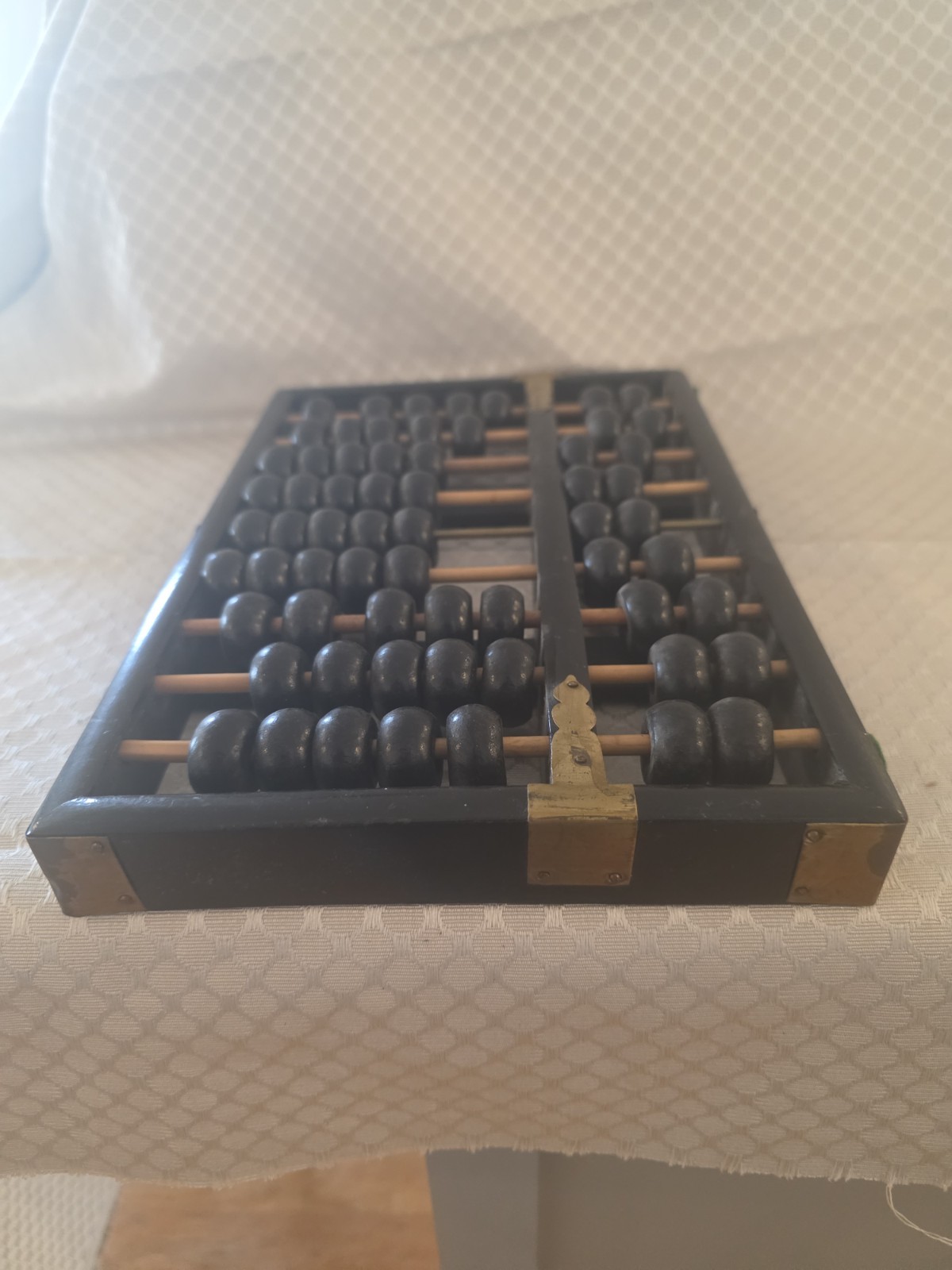 Vintage Chinese Lotus-Flower Brand Wood Abacus Suanpan 9 Column Brass Accents