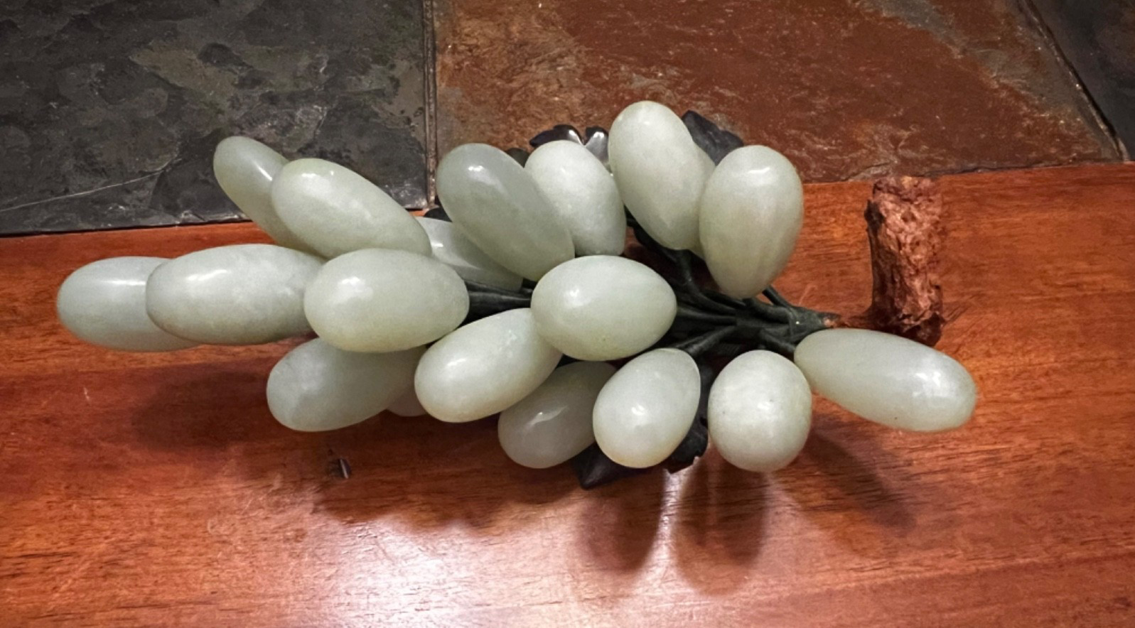 Vintage Alabaster Marble Stone Green Grape Cluster w/Leaves Faux Wood Branch