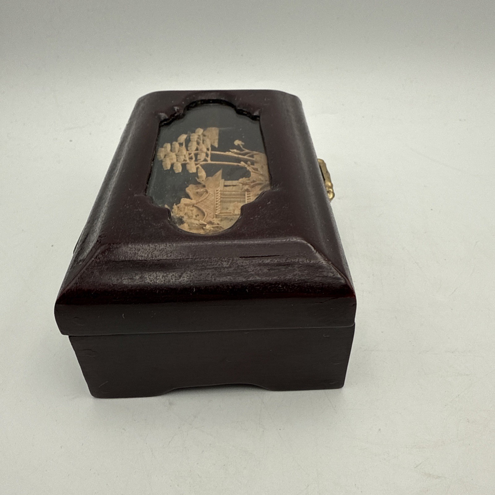 Asian Jewelry Wood Box Diorama Cork Art Pagoda Scene Brass