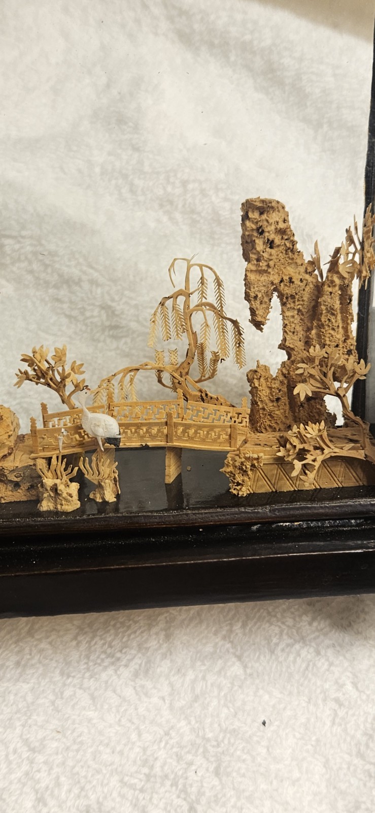Vintage Chinese San You Cork Art Hand Carved Diorama Pagoda Cranes Trees