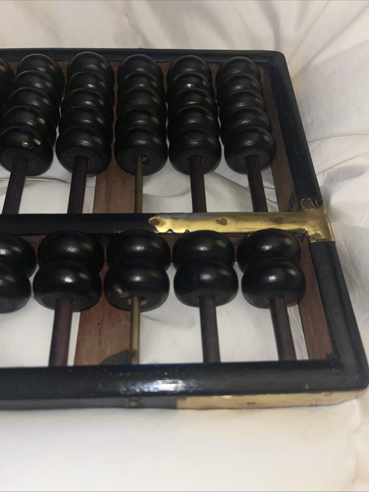 Vintage Abacus -11 RODS 77 BEADS Wood Black Painted Brass Accents Hong Kong
