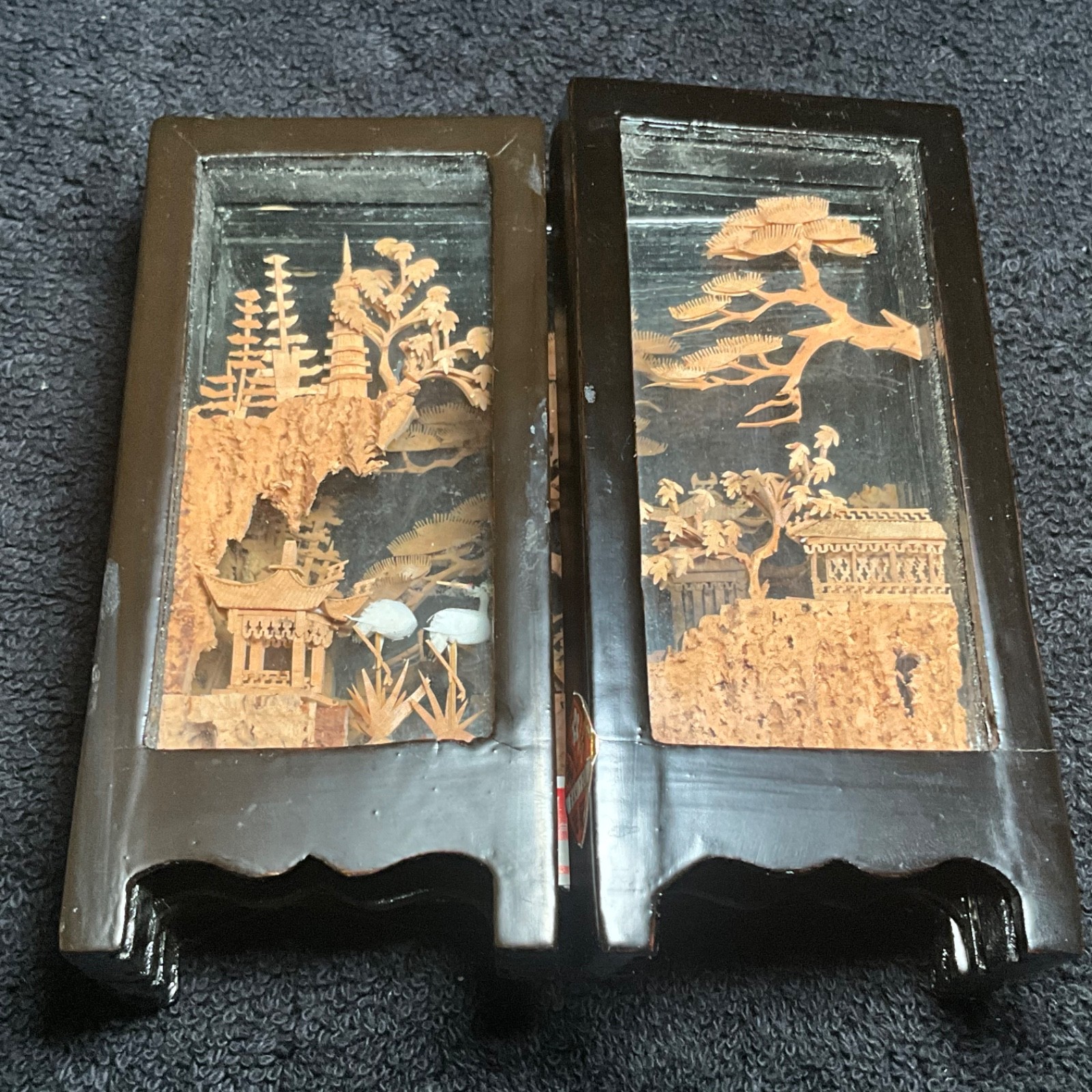 2x-VTG SAN YOU Tri-Fold Oriental Hand Carved Cork Pagoda Diorama w Cranes