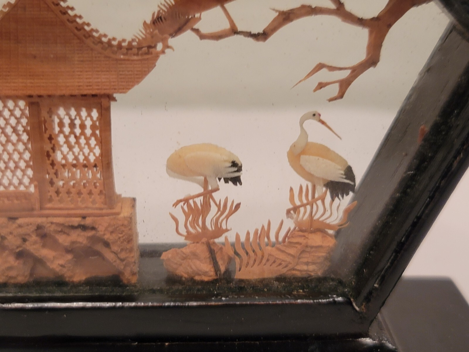 Chinese Cork & Wood Diorama Hand Carved Asian Crane Pagoda Tree Art Glass
