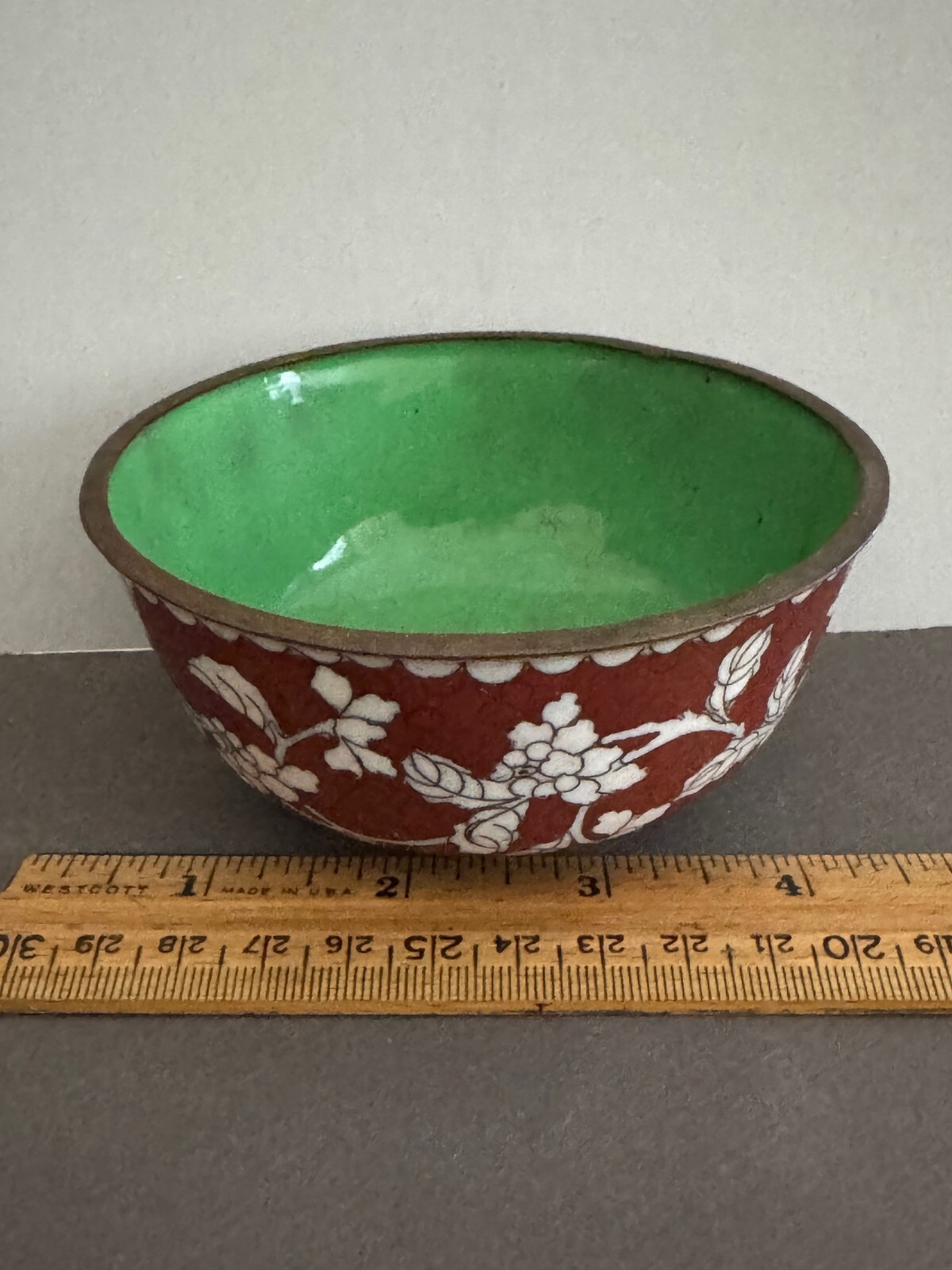 RUST RED/BROWN GREEN INTERIOR ASIAN CHINESE CLOISONNE ZINNIA FLOWER BOWL VTG