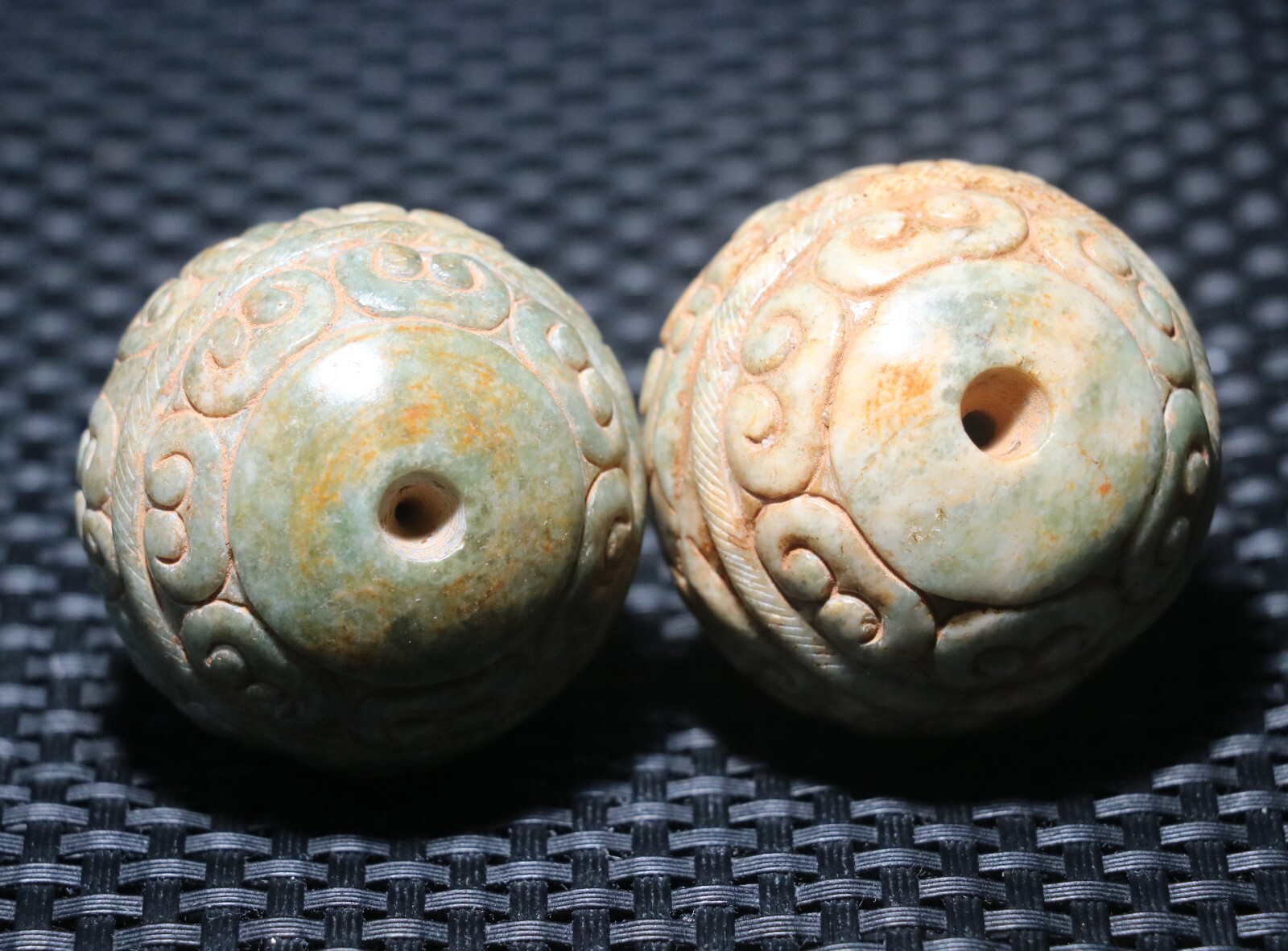 Pair of Chinese Hetian Old JADE Linking Fortune Large Ball Sphere 40MM Amulets