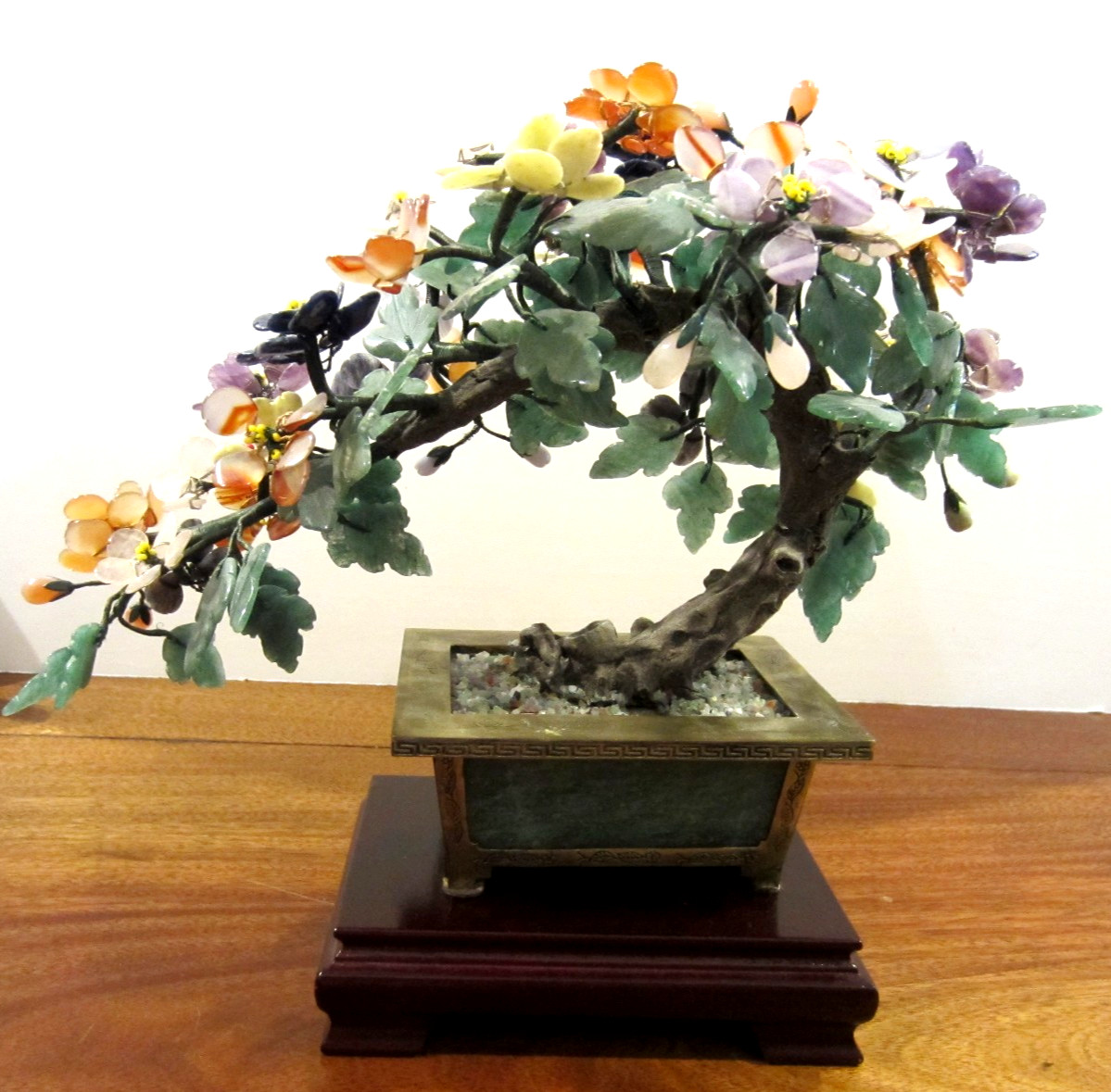large jade/stone bonsai tree with many flowers of jade, agate, amethyst,& others