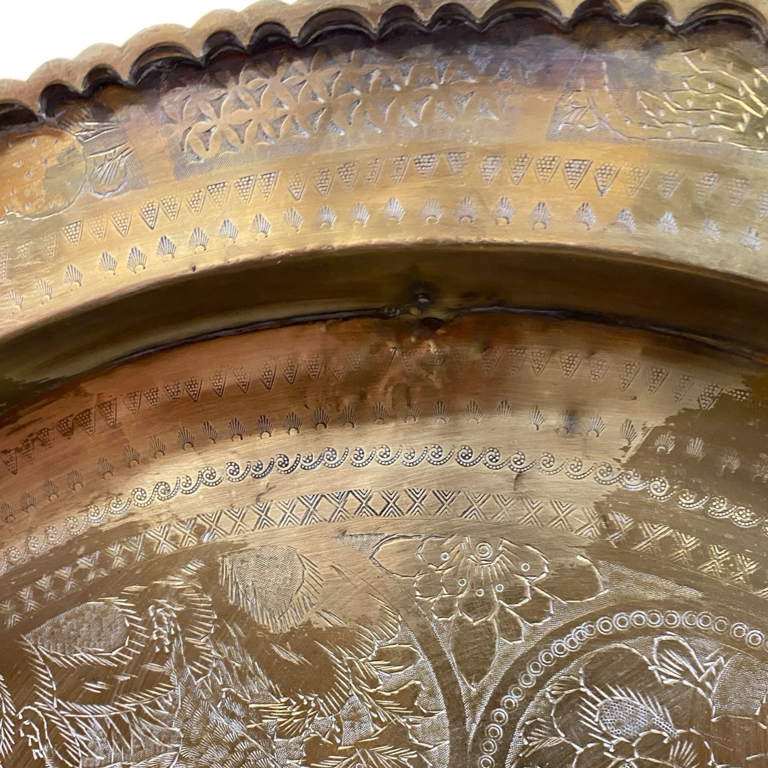 Mid Century Brass Chinese Phoenix Round Tray Engraved Wall Art Good Fortune 30in