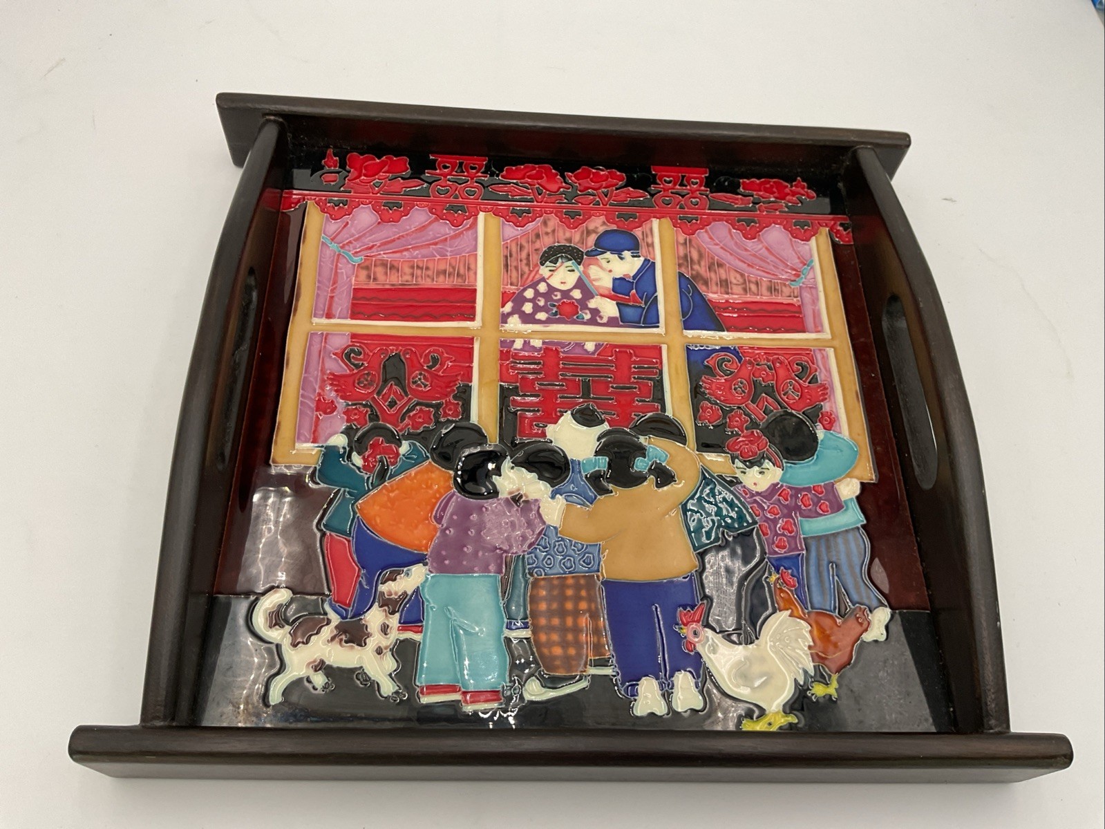 Decorative Serving Tray W/Ceramic Inlay Depicting Chinese Celebration