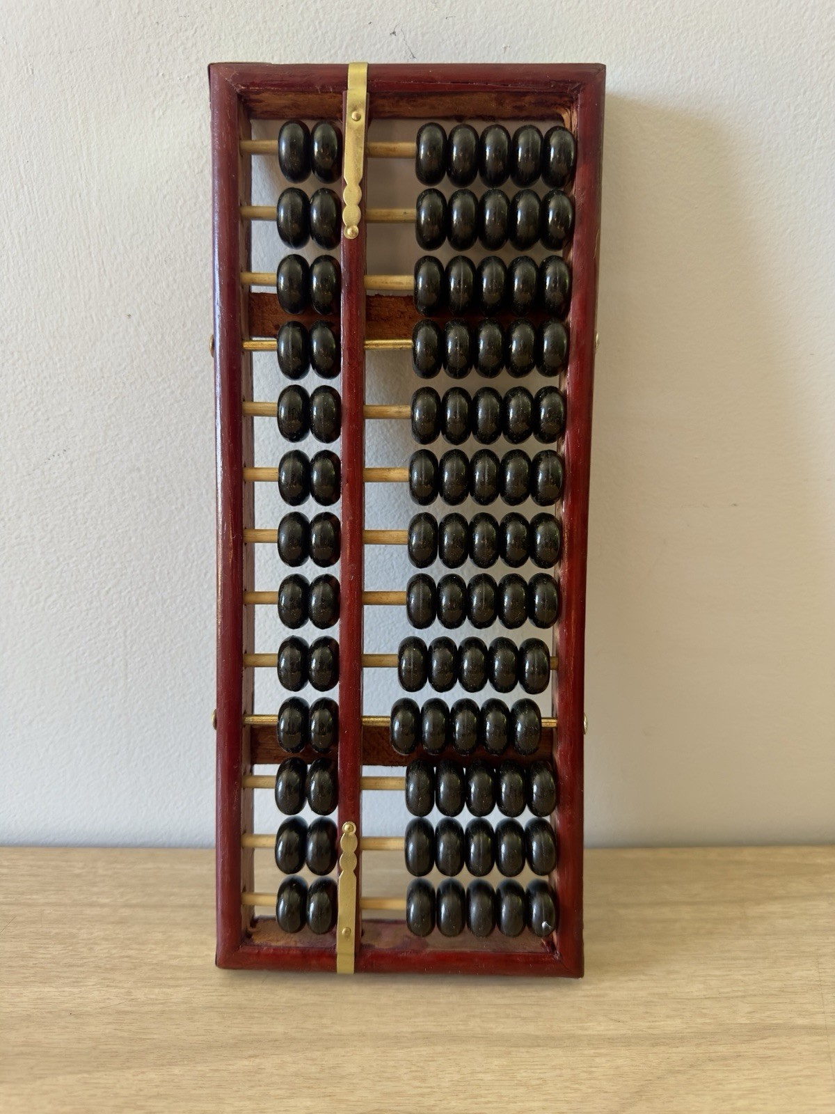 Vintage Wooden Abacus Black Beads Brass Hardware Mid Century MCM Decor 11.5in