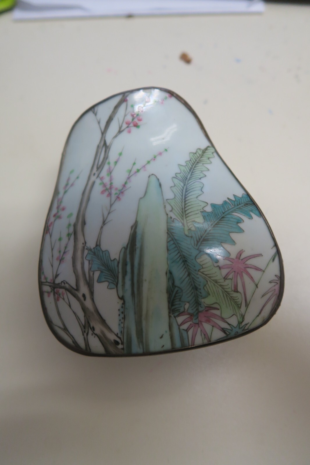 Chinese Asian Porcelain Shard Lid Vintage Metal Silver Trinket Box 4.5″ x 5″
