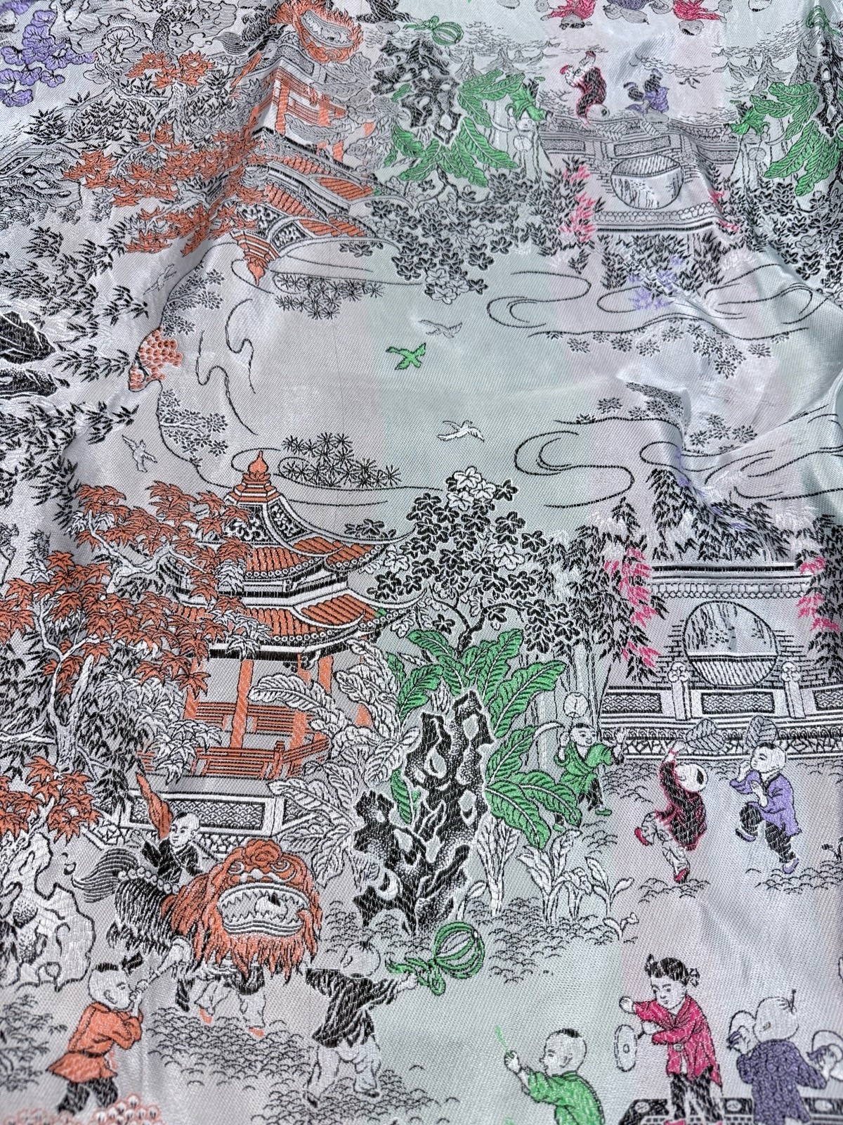 Vintage Chinese Silk Brocade Machine Woven Tablecloth 52”X34” & Watercolor Art
