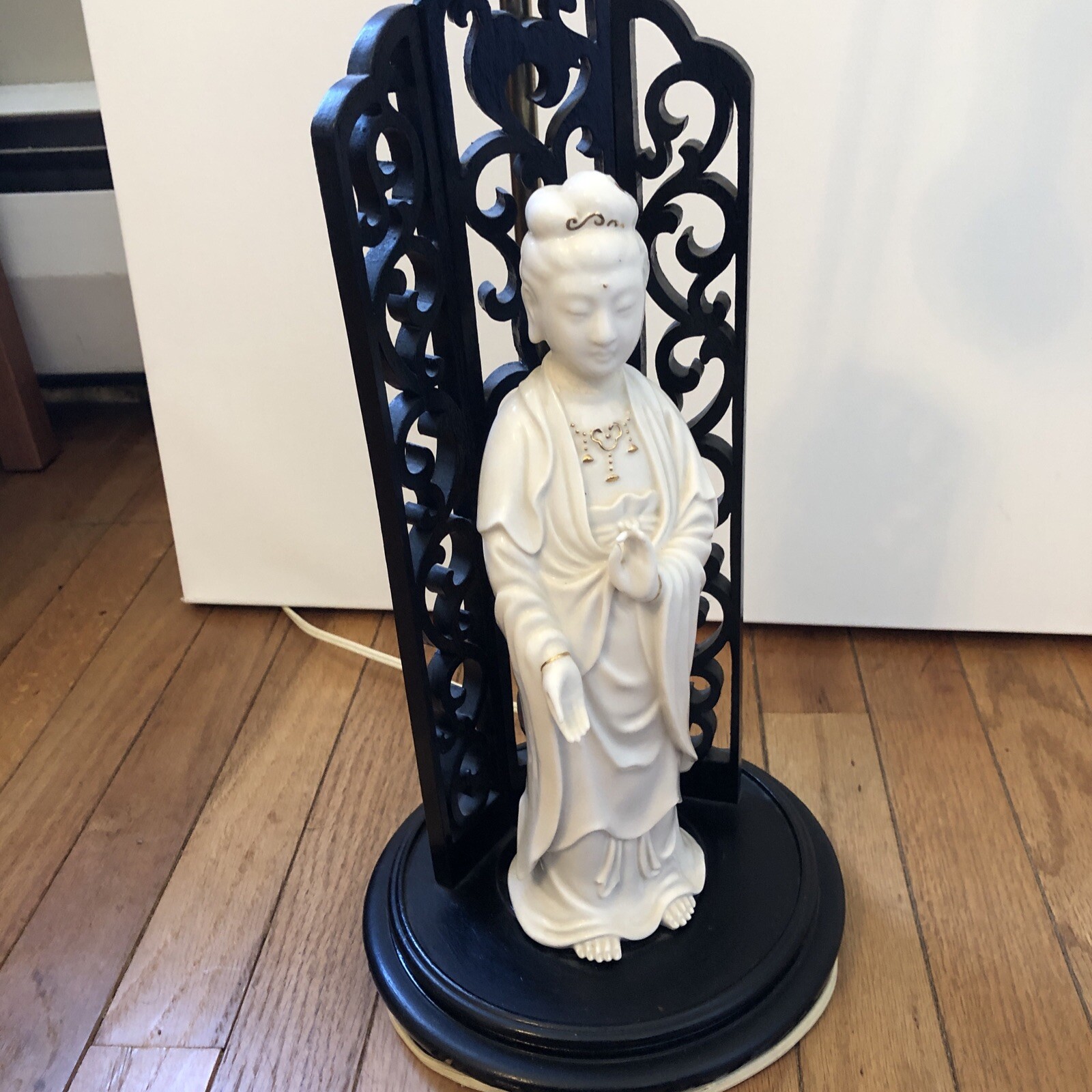 Blanc De Chine Buddha Figurine Lamp Green Shade Wooden Stand Vintage Asian Boho