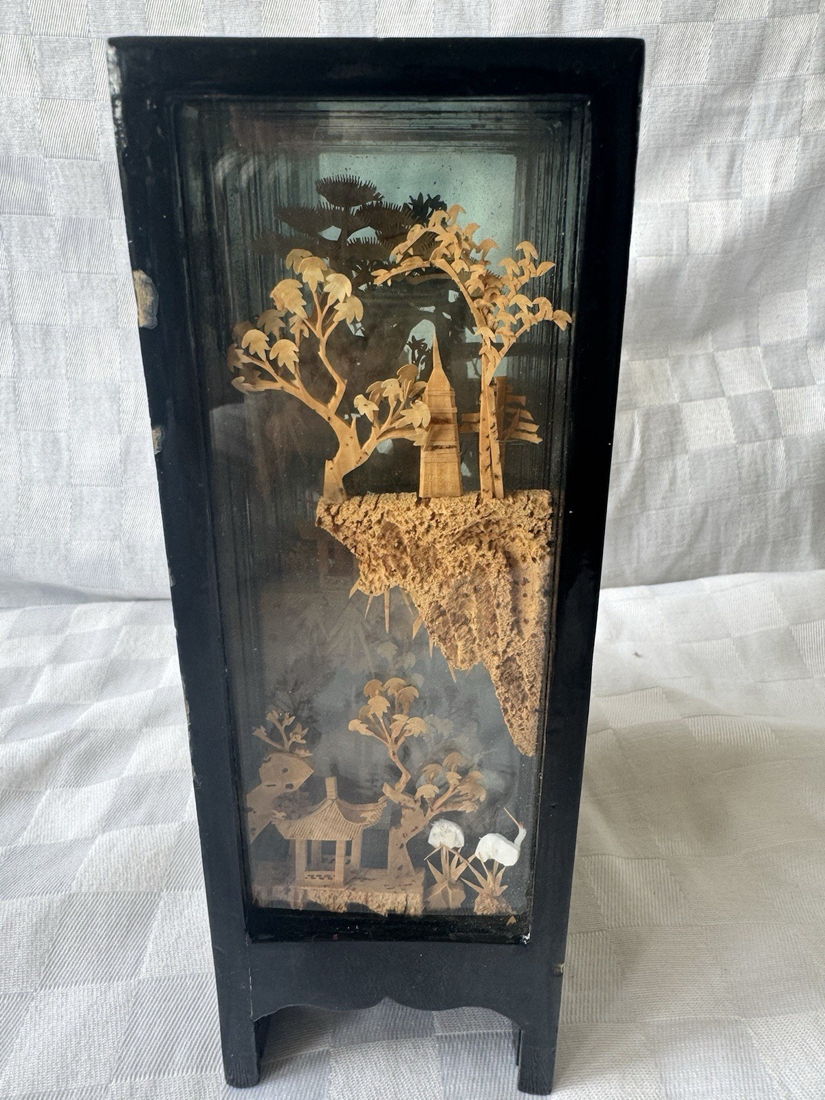 Chinese Cork Art Folding Screen 6 Panel Diorama Landscape Pagoda Black Lacquer