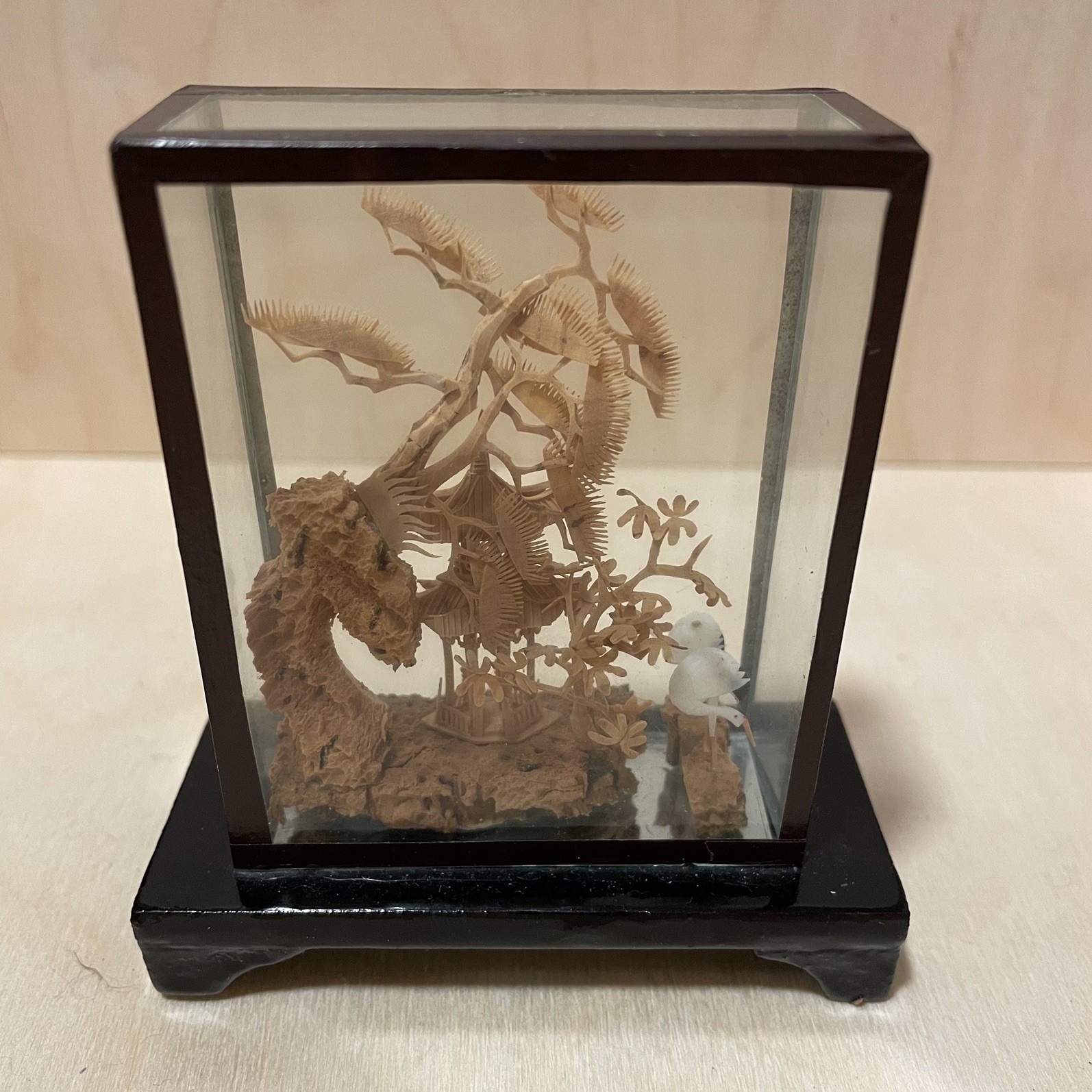 Handmade Vtg Small Chinese Carved Cork Diorama Pagoda with Trees Cranes 3.5″