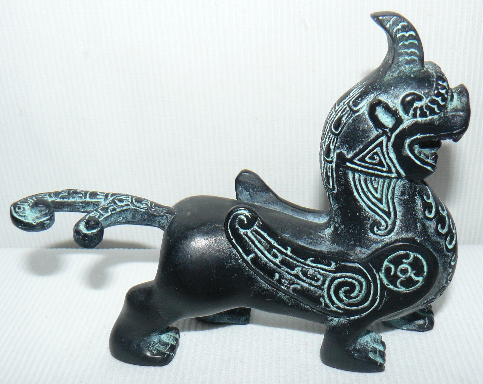 Chinese Bronze Griffin On Wood Stand 5×5″ Hollow