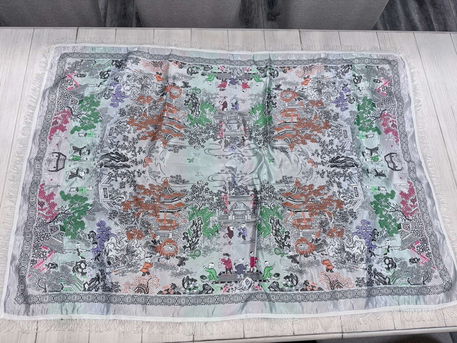 Vintage Chinese Silk Brocade Machine Woven Tablecloth 52”X34” & Watercolor Art