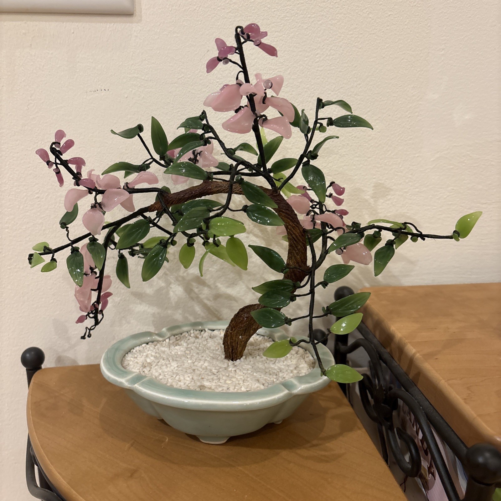 JADE BONSAI TREE CHINESE GLASS ASIAN FLOWERS in pot Approx 11” W X 10”T