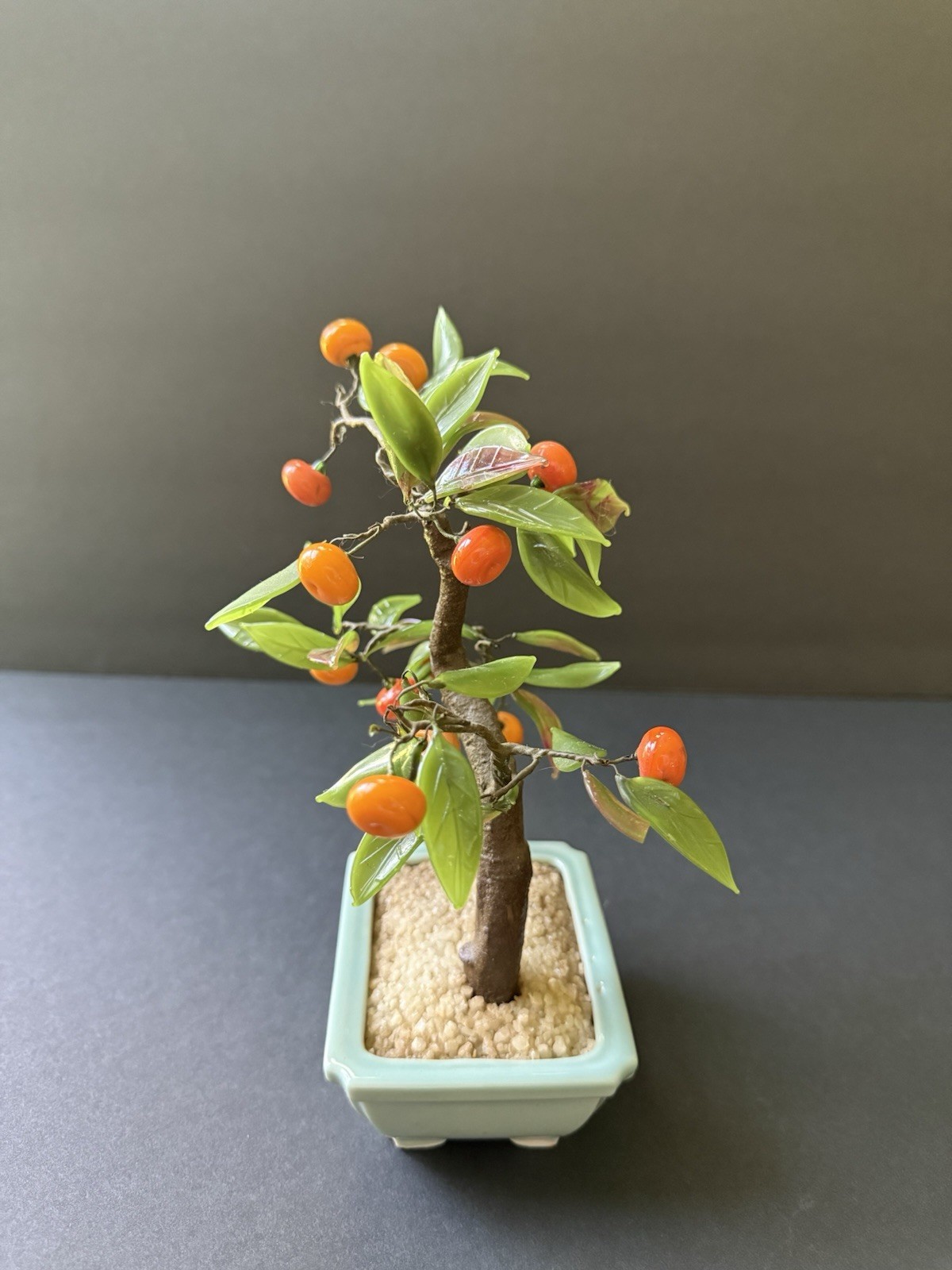 Vintage Glass Bonsai Tree Jade Green Leaves Oranges Asian Celadon Pot