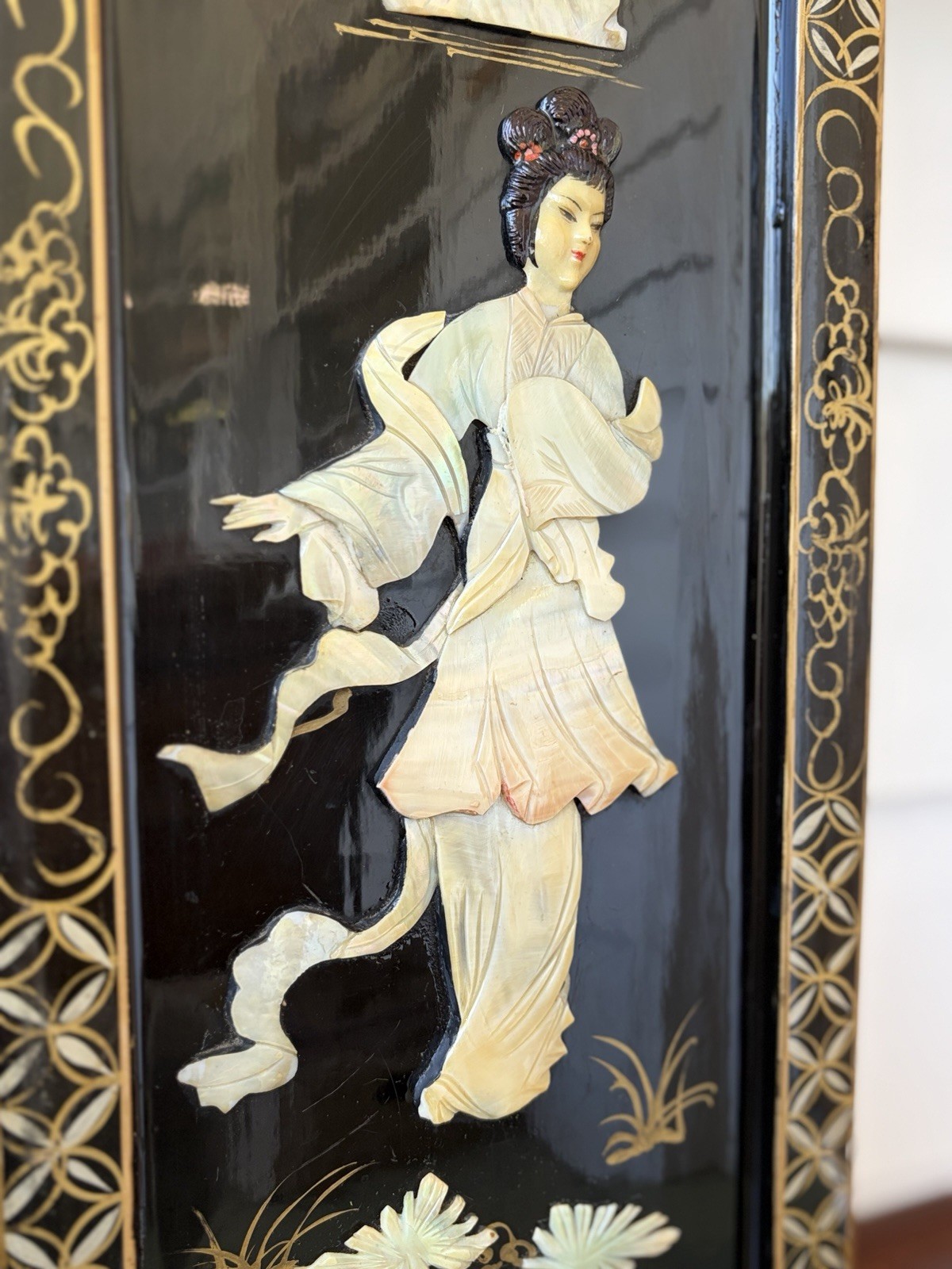 2 Vintage Asian Mother Of Pearl Inlay Black Lacquer Wooden Wall Panels