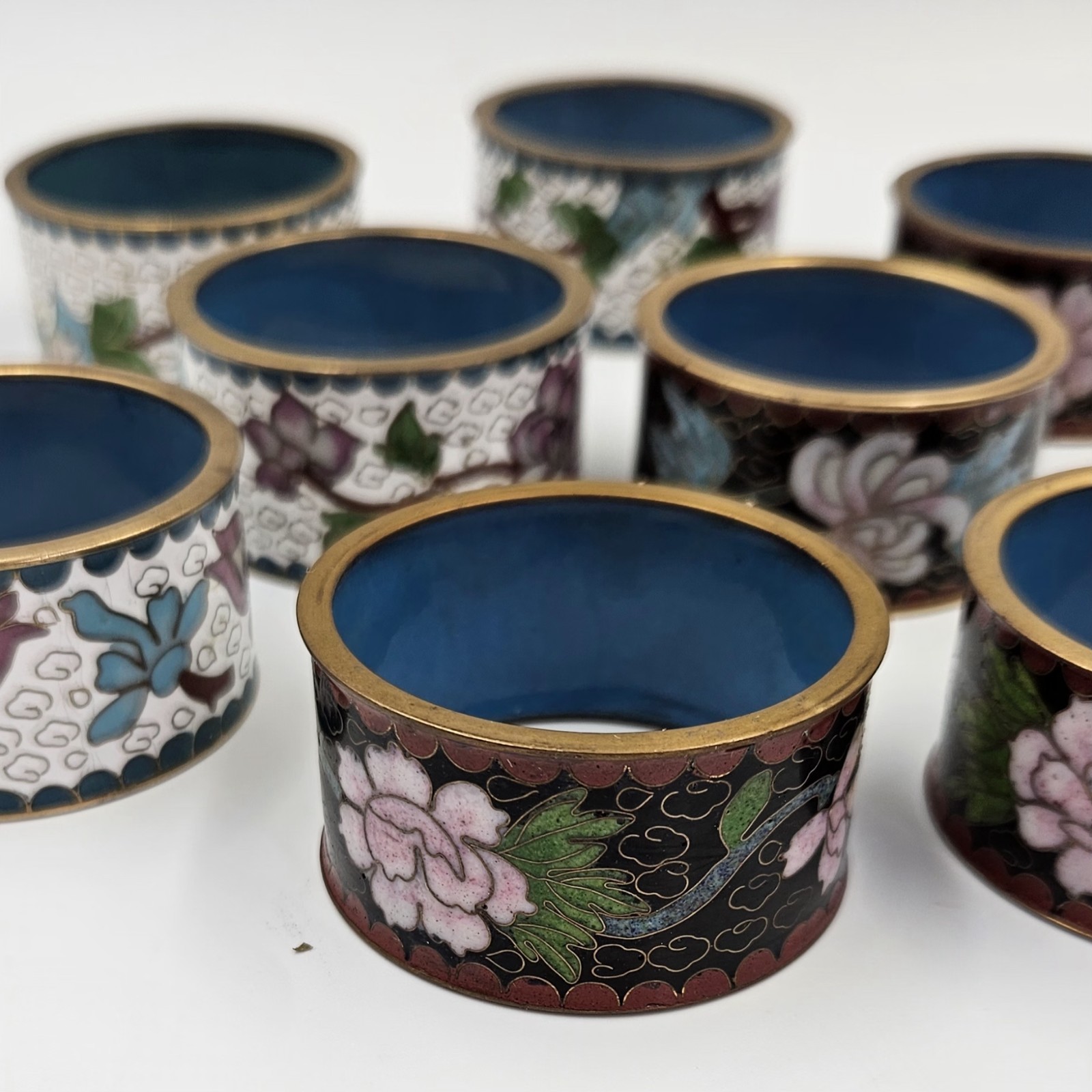 8 Vintage Chinese Cloisonne Napkin Ring Multicolored Enameled