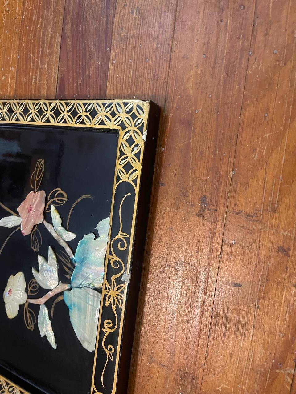 20thC Chinese Wall Art Black Lacquer Panel Mother of Pearl Relief Scene – 2