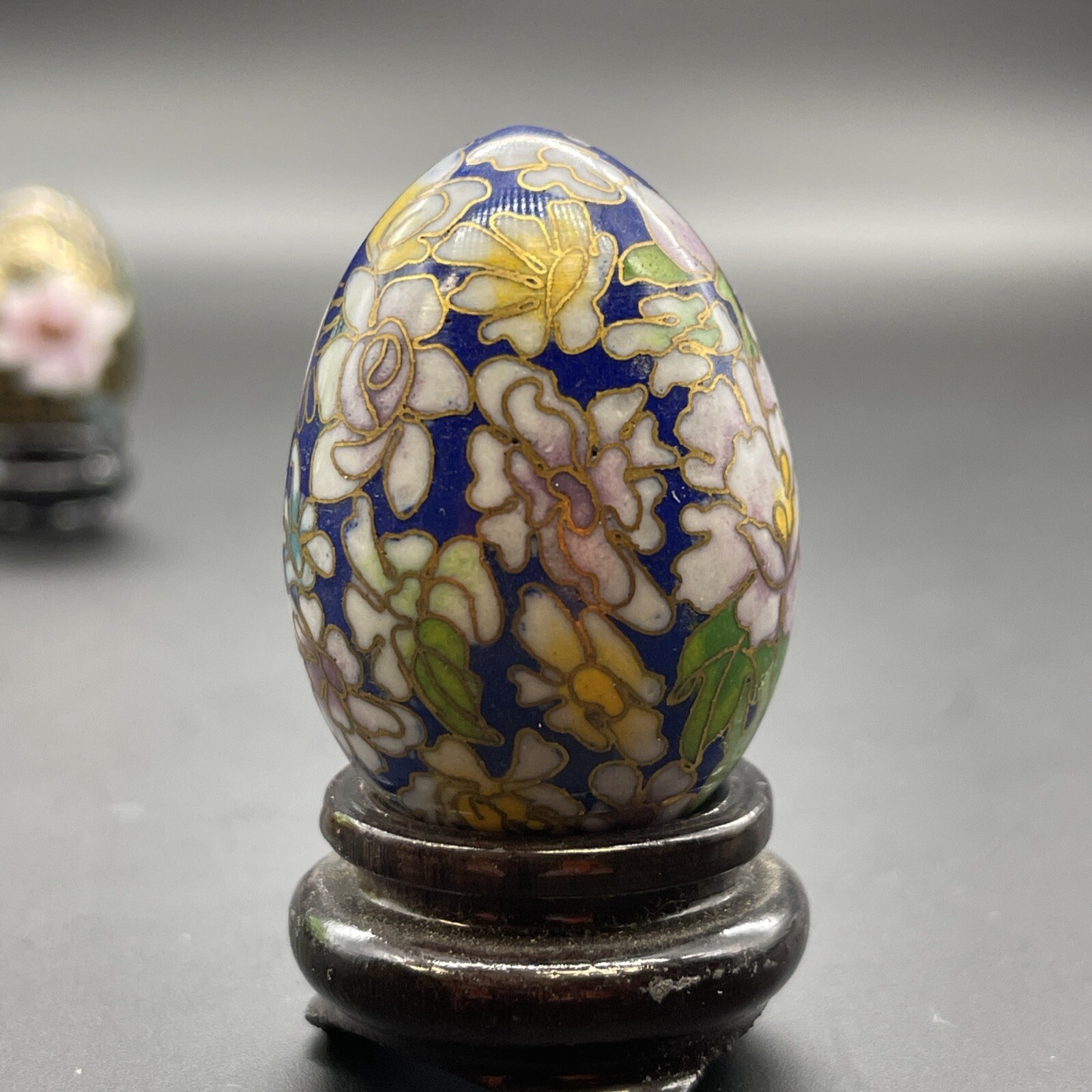 Cloisonné Eggs & Wooden Stands Floral Multicolor & Gold Design Small