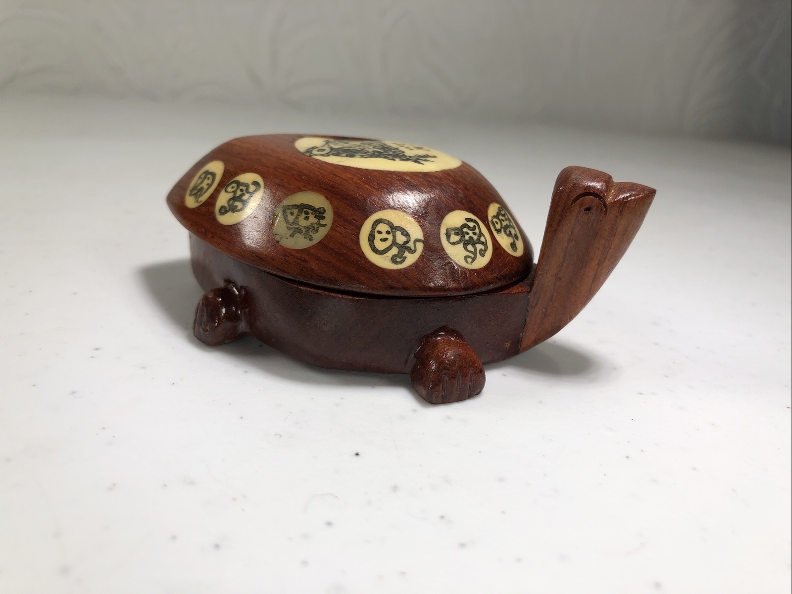Vintage Carved Wood Turtle with Inlaid Chinese Zodiac Signs Opens to Compass
