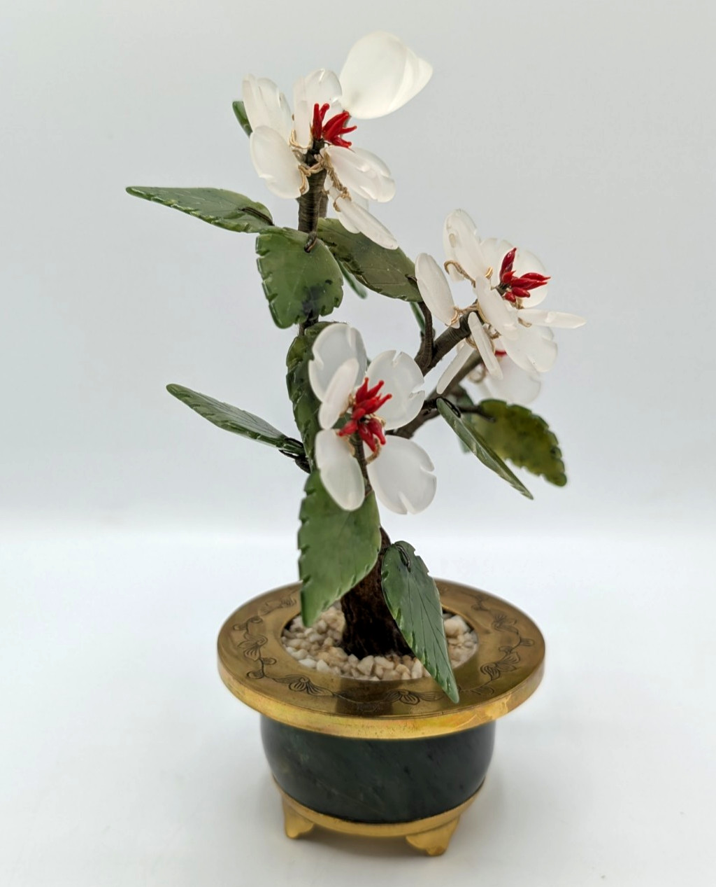 Bonsai Tree Sculpture 8 inch Semi Precious Stones Jade Brass Pot Hong Kong