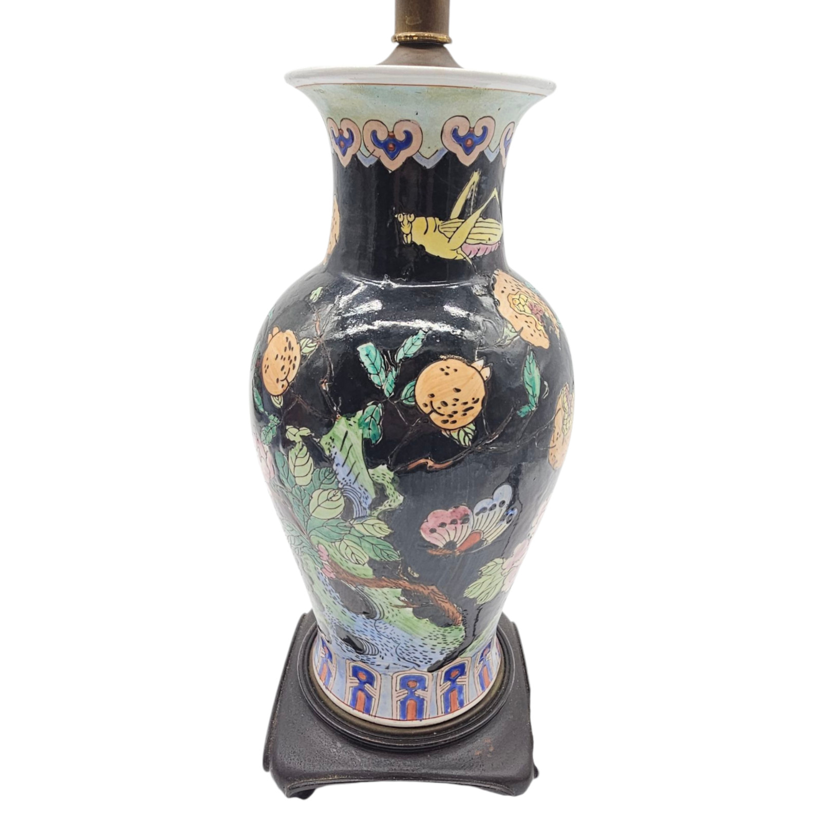 VTG Chinese Famille Noir Porcelain Lamp Hand Painted Birds Flower Black Base 20″