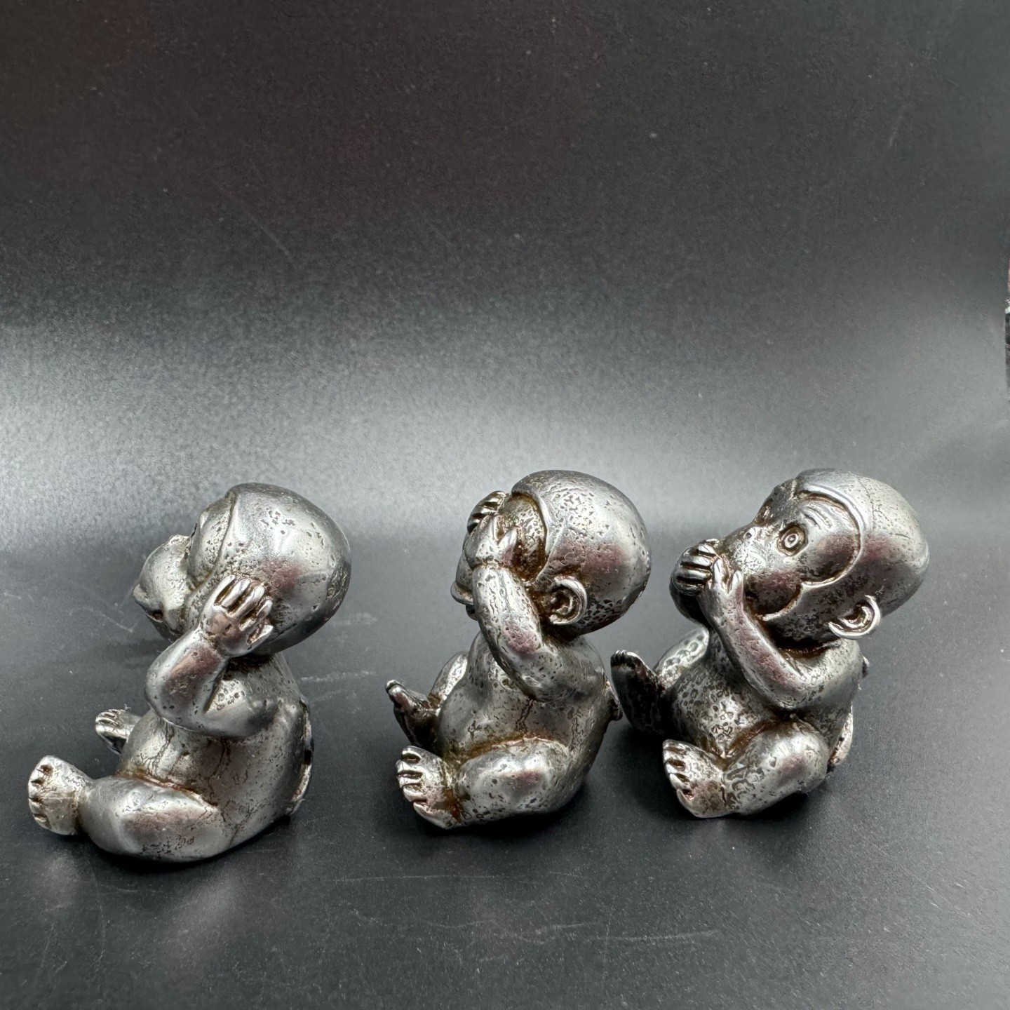 Set of 3 Metal Three Wise Monkeys Mini Statues Hear See Speak No Evil Desk Decor