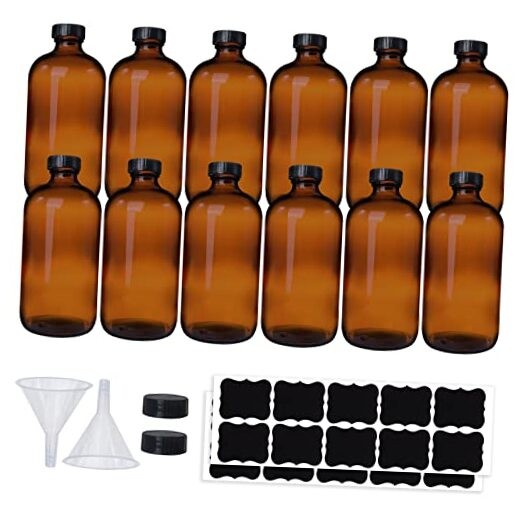 12 Pack 16 oz Amber Boston Round Glass Bottles with Black Caps for Secondary