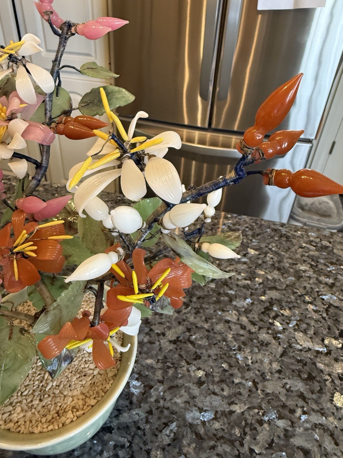Vintage Bonsai Tree Jade Carnelian Stone Glass Asian Flowers Celadon Pot