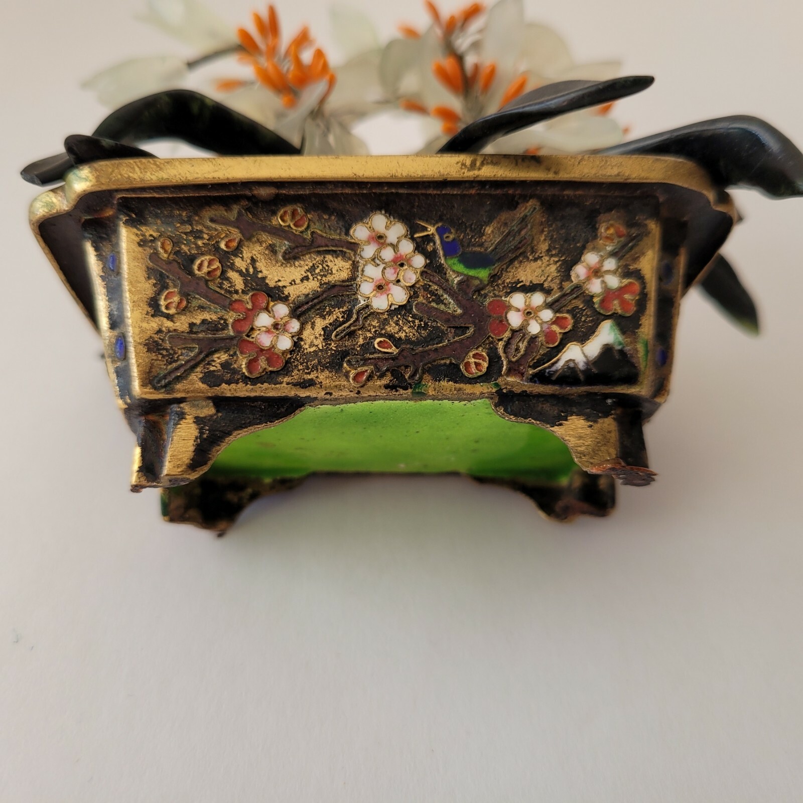 Stone Bonsai in Cloisonne Planter Flower Pot Quartz Jade