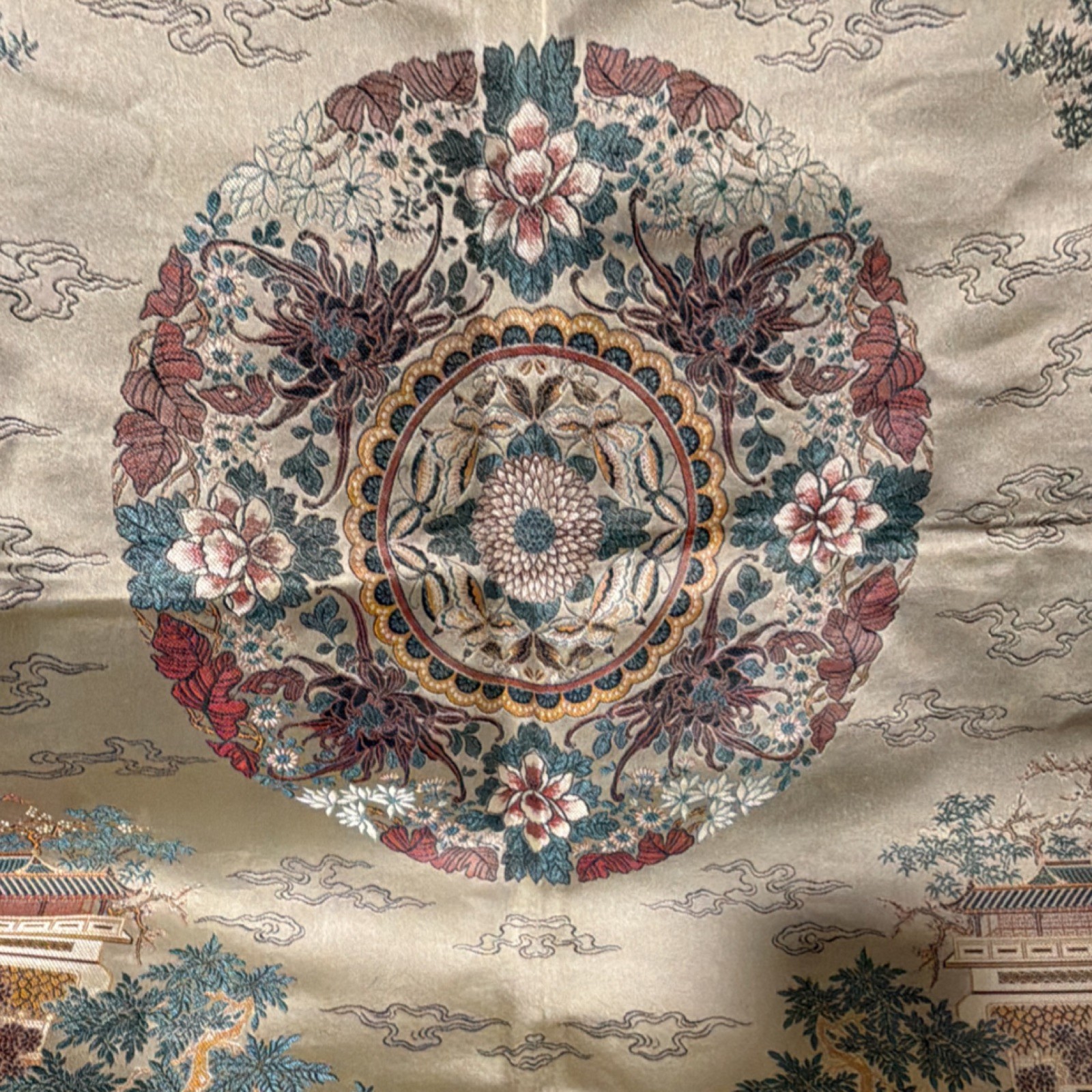 Chinese Decorative Brocade Tapestry with Pagoda and Garden Scene