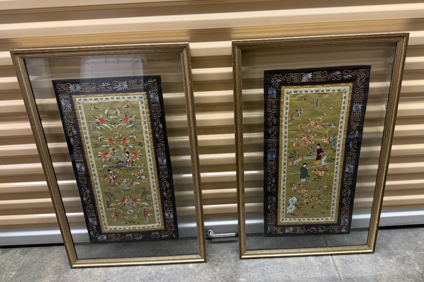 Vintage 1960s Set of 2 Chinese Silk Hand Embroidered Tapestry in Frame-Dun Huang