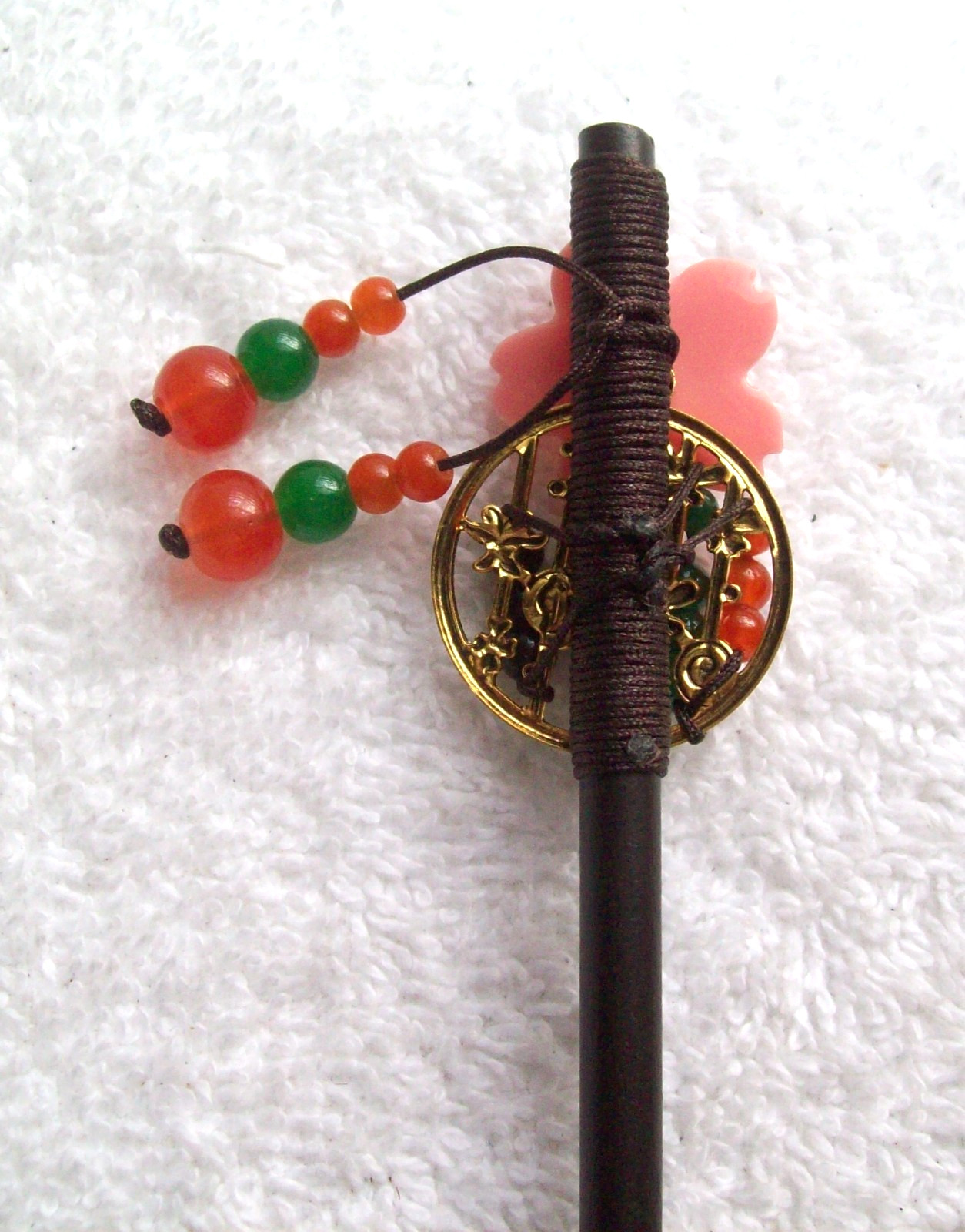 Vintage Japanese Decorative Wood & Stone Hair Pick