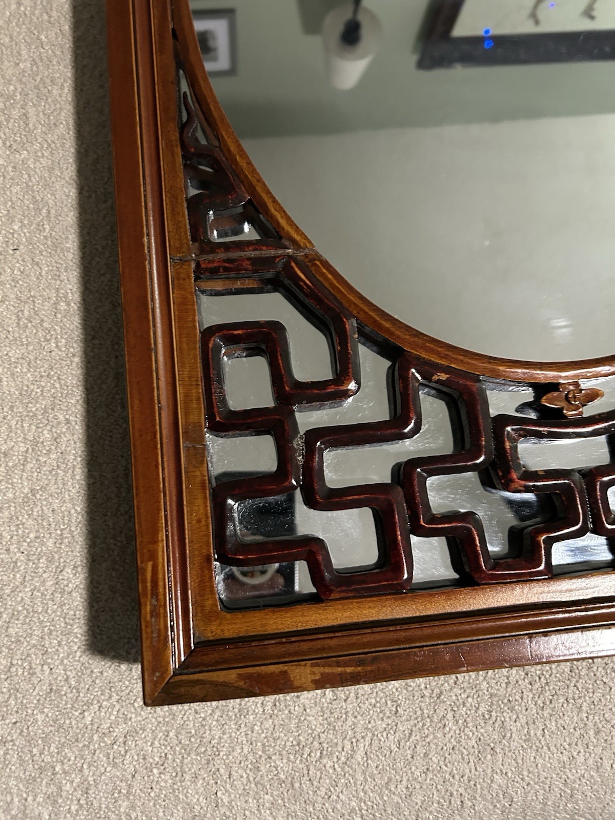 Chinese Red Asian Mirror, Solid Fir Hand Carved Lattice Design Brass Hanger