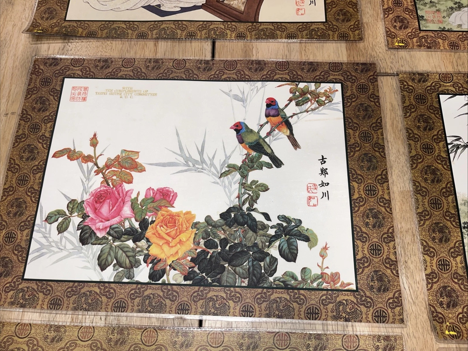 H136~ Chinese Silk Placemats Hand Painted Watercolors Double Sided Laminate